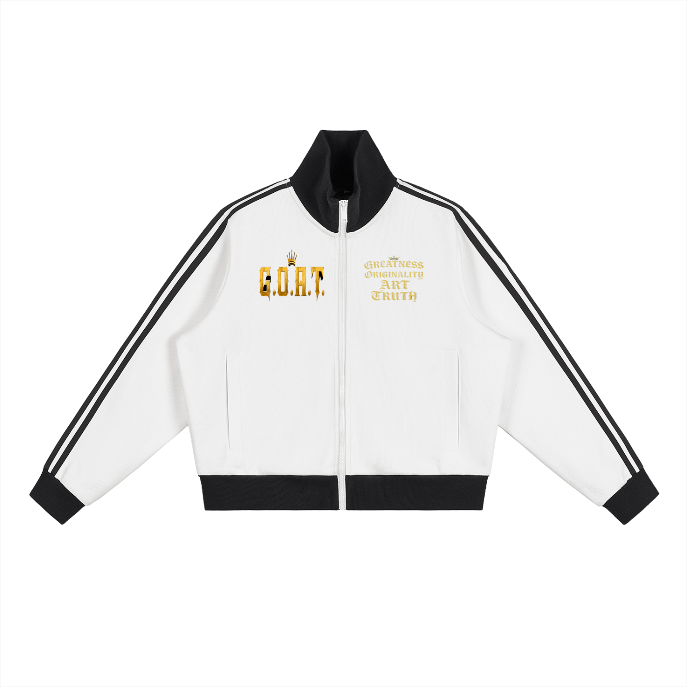 White cropped fleece track jacket front view with black stripe sleeves and zip-front stand collar
