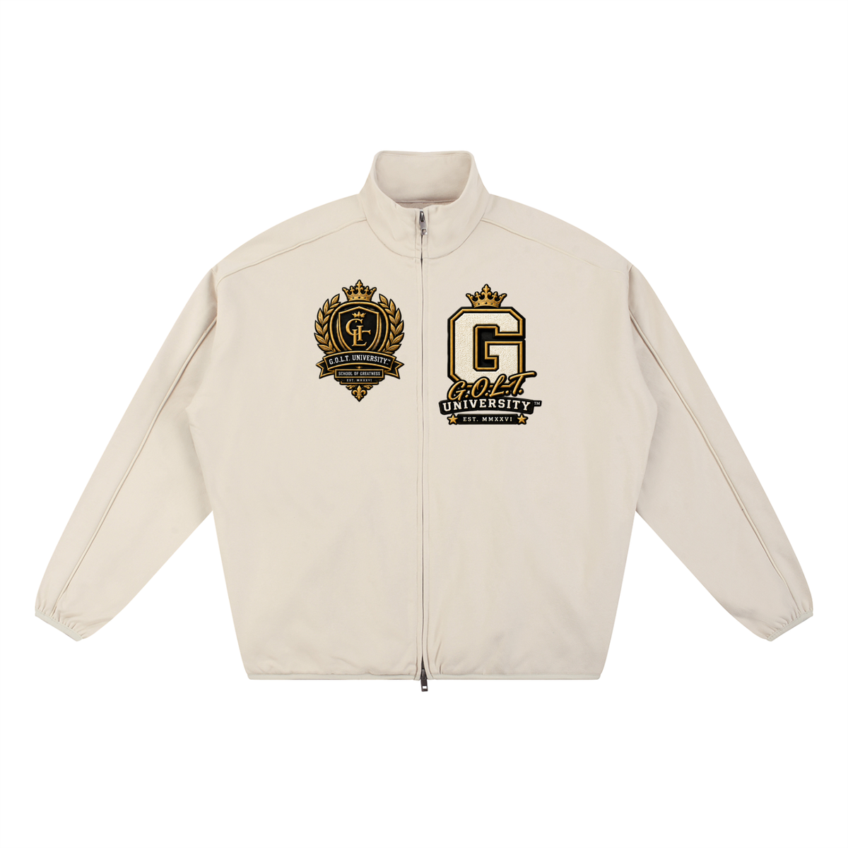 Oat gray heavyweight jacket with stand collar, front zipper, and G.O.L.T. chest emblems