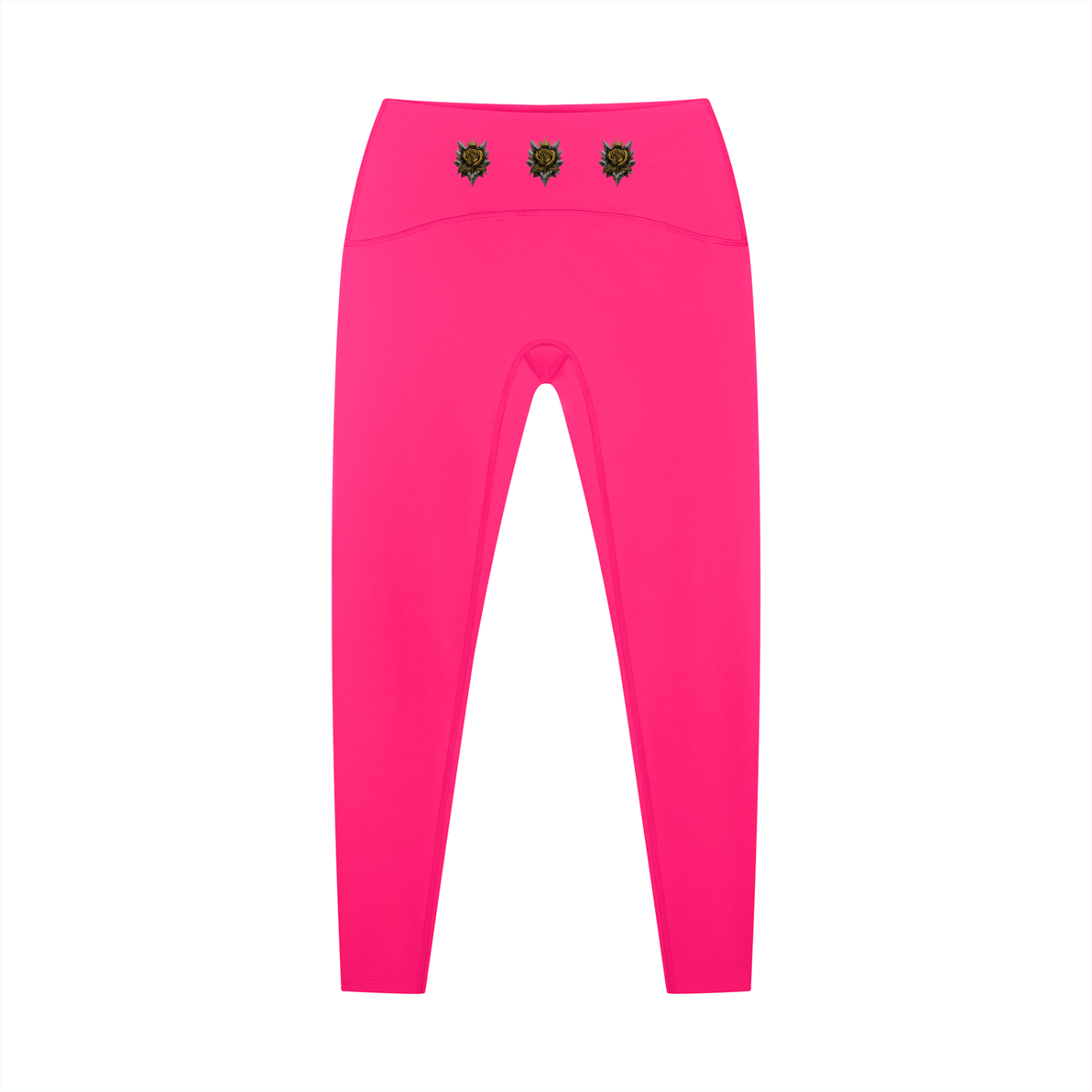 Rose pink high-waisted ankle yoga leggings with waistband emblems