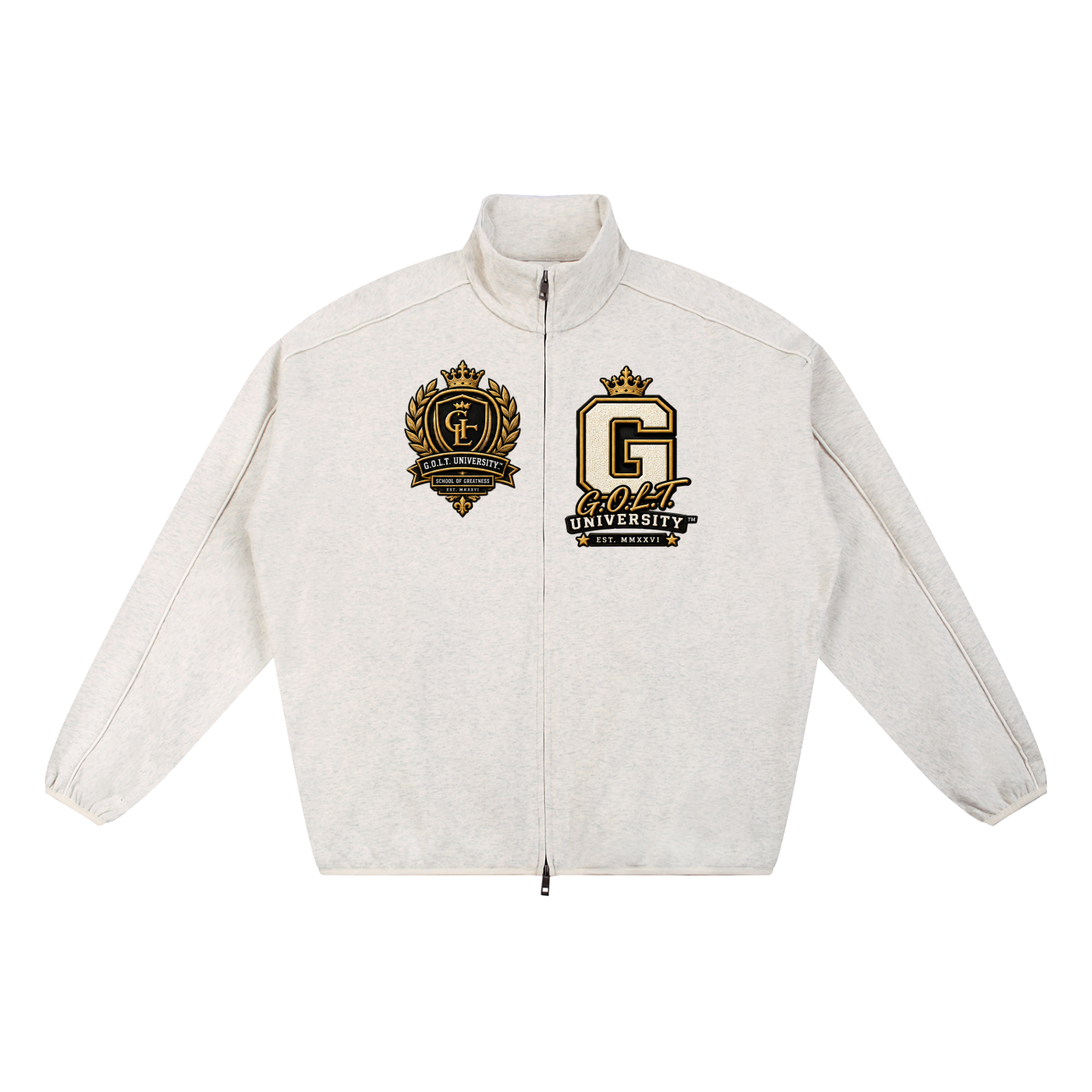 Light gray heavyweight jacket with stand collar, front zipper, and G.O.L.T. chest emblems