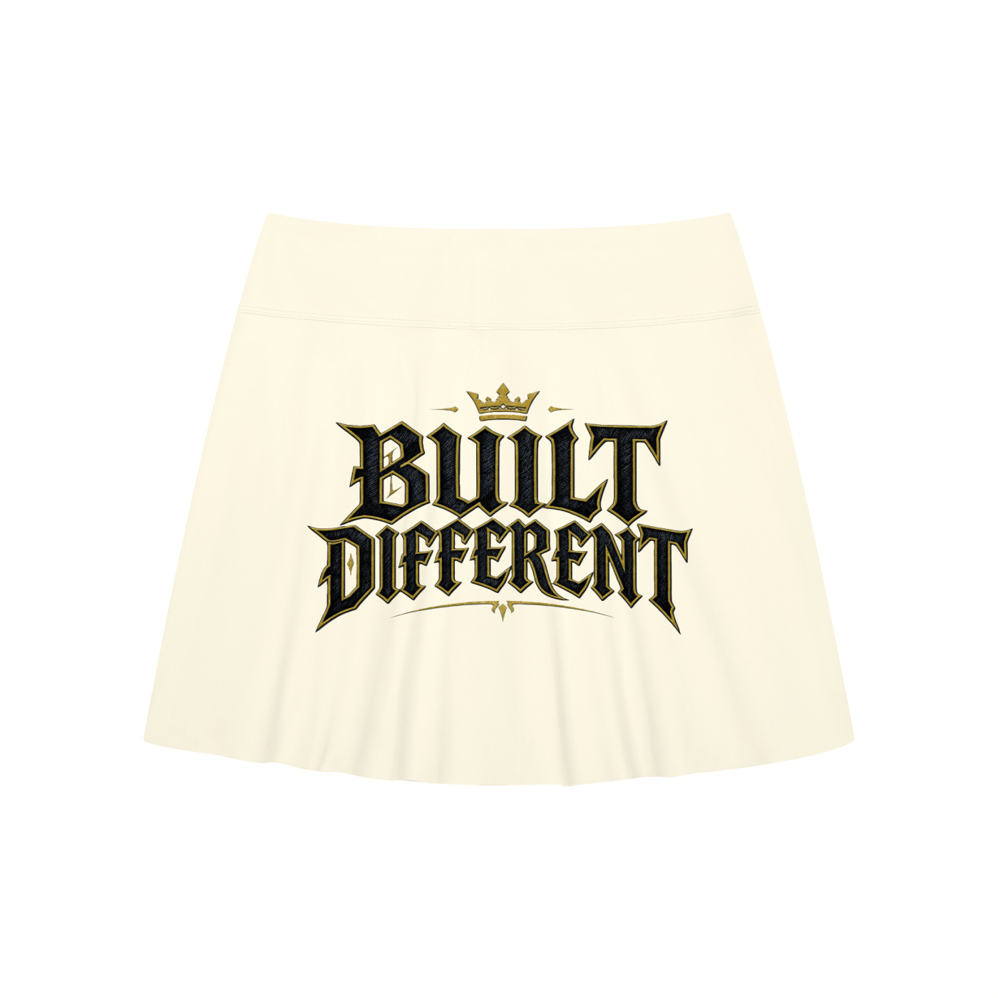 Cream mini slit skirt with "Built Different" logo graphic, side contrast stripe