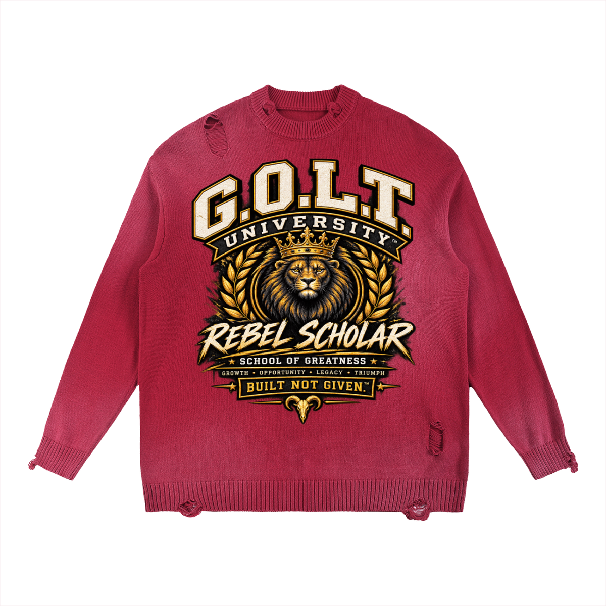 Red distressed crewneck sweatshirt with front G.O.L.T lion emblem graphic