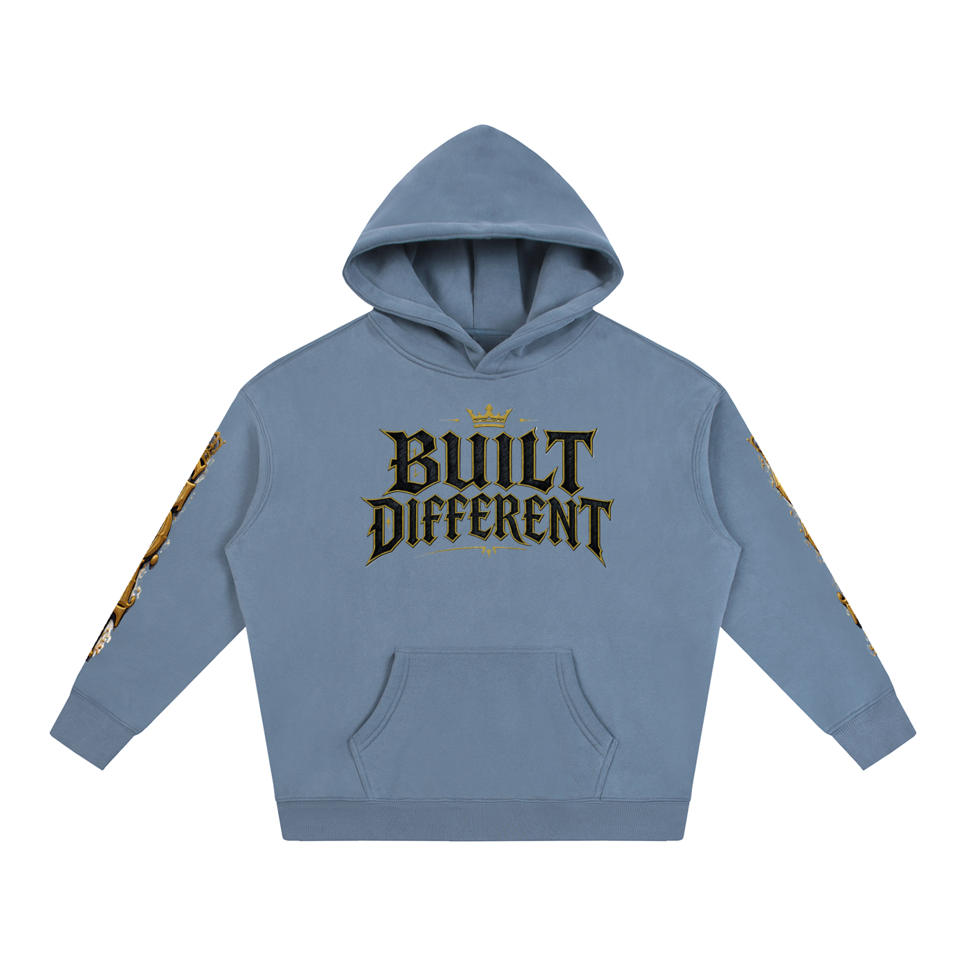 Denim blue oversized fleece hoodie, front text "Built Different" with hood
