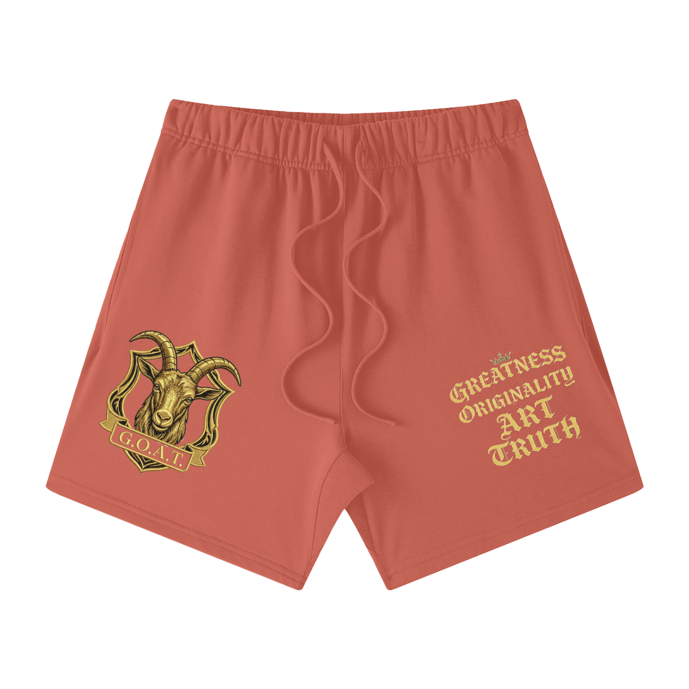 Coral pink loose-fit cotton shorts with gold emblem on left leg and text on right