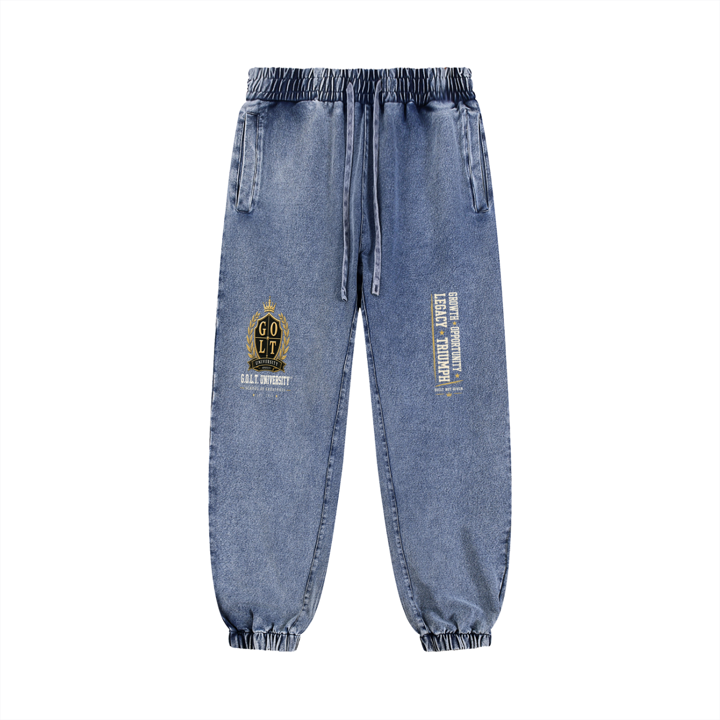 Light blue snow-wash heavyweight joggers with gold crest patch and side text label