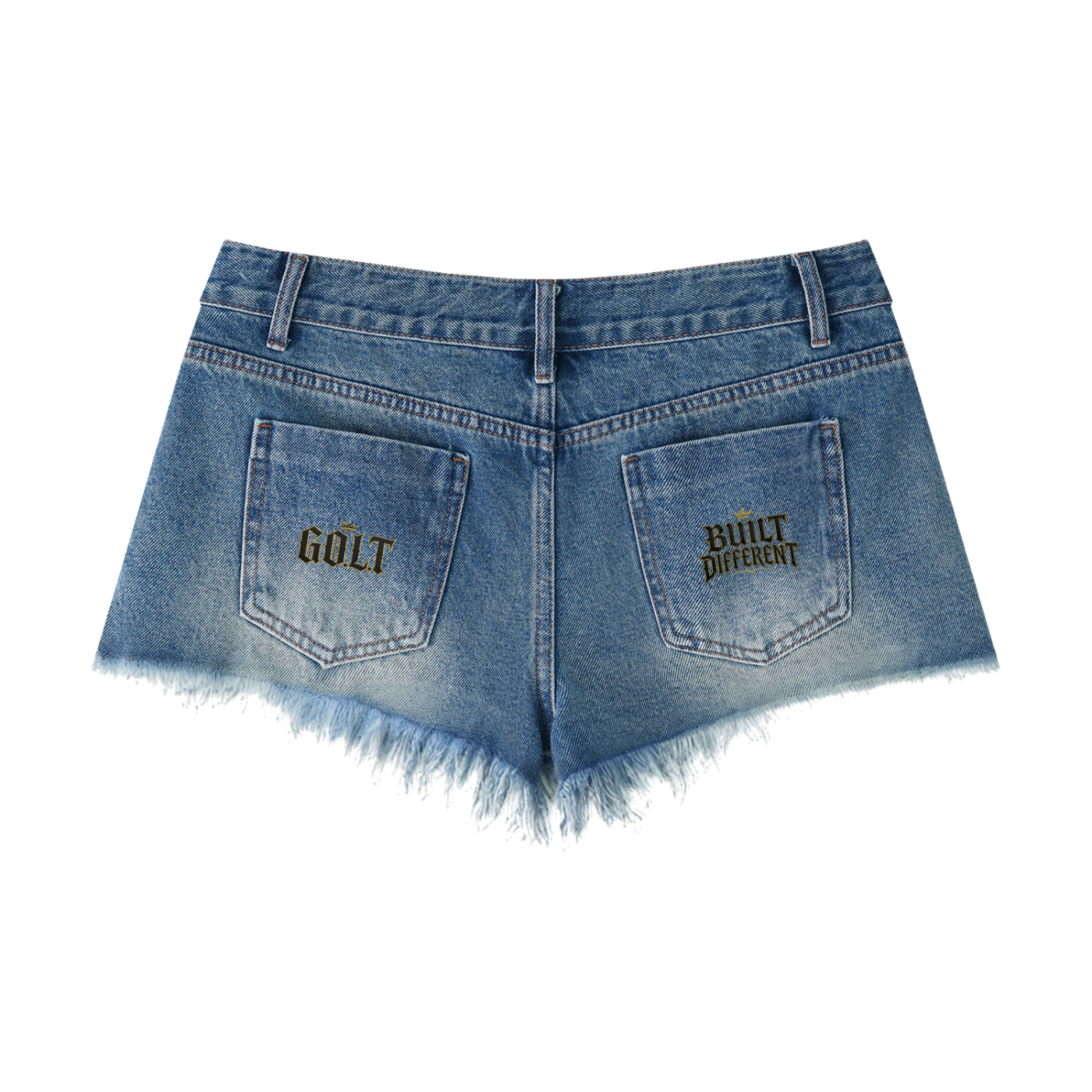 Blue denim shorts with vintage wash, raw frayed hem, and back pocket logo patches
