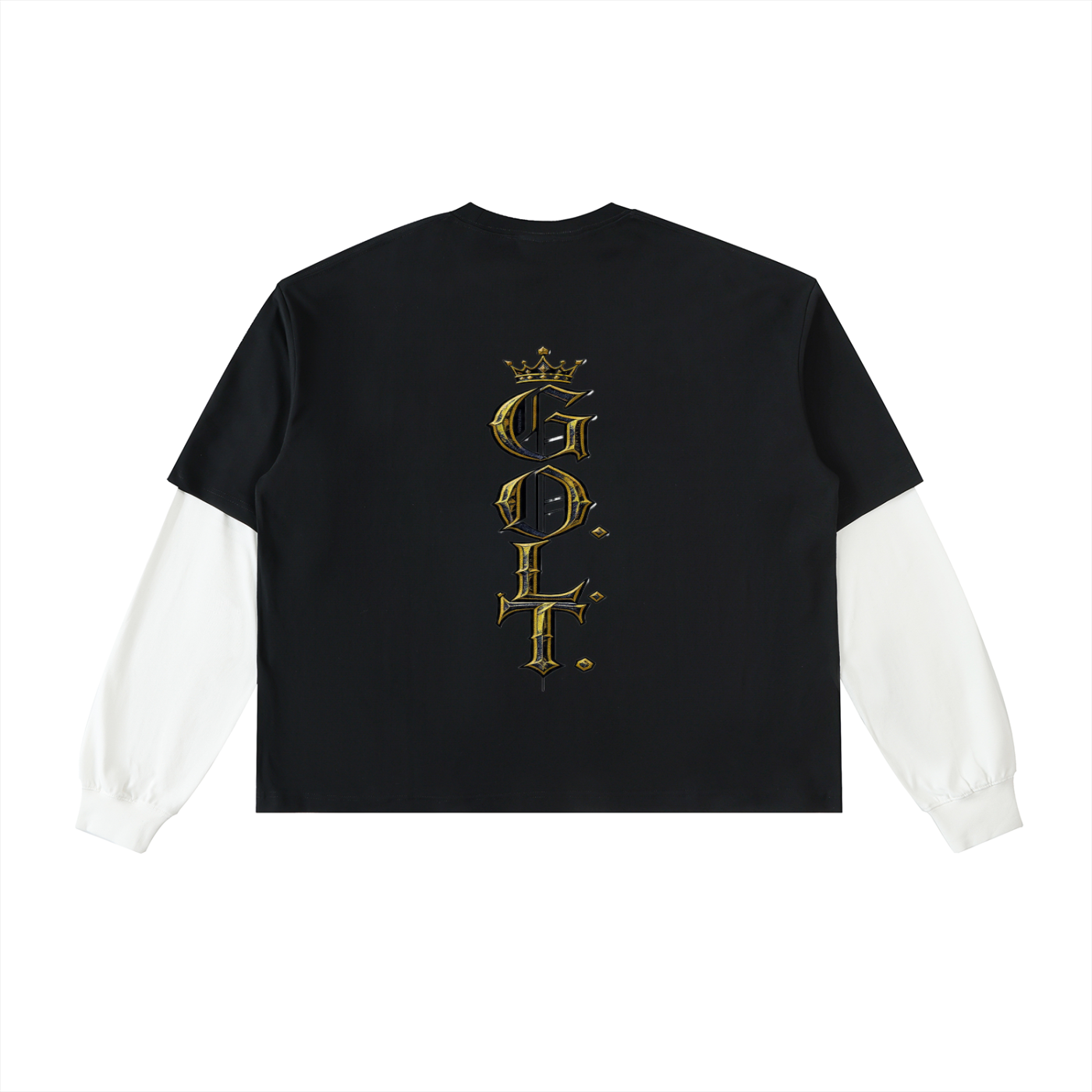 Black long-sleeve tee with white sleeves and gold logo graphic on chest