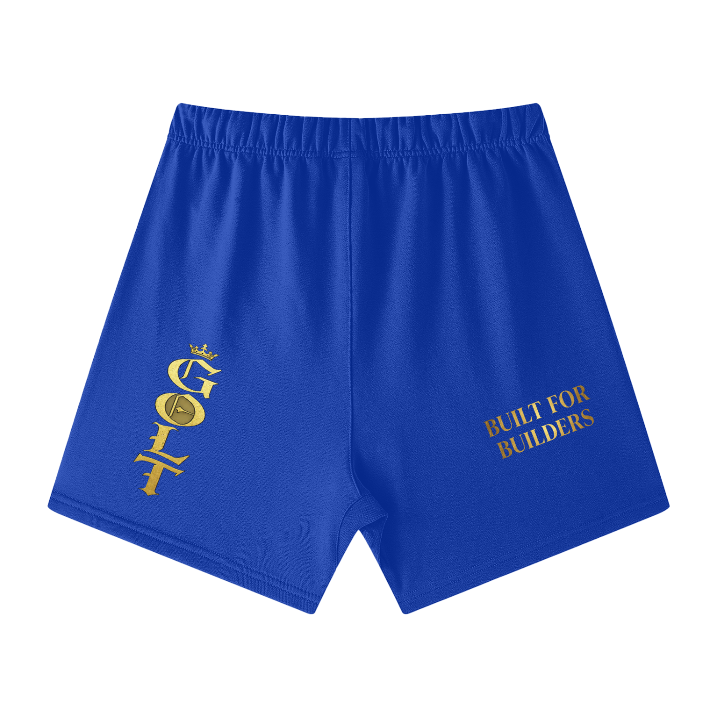 Royal blue loose-fit cotton shorts with gold emblem on left leg and text on right