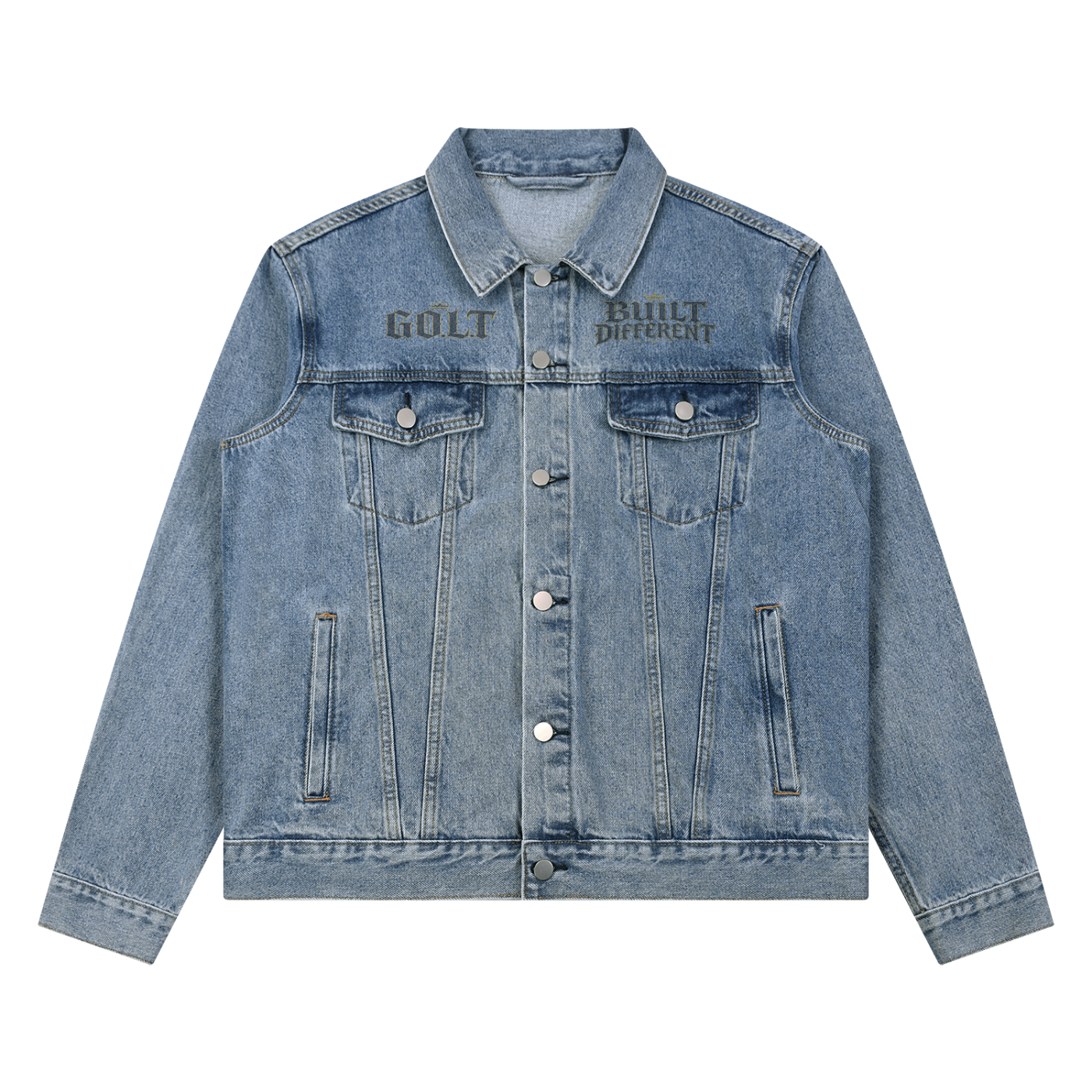 Light blue vintage-wash denim jacket with button-front and flap chest pockets