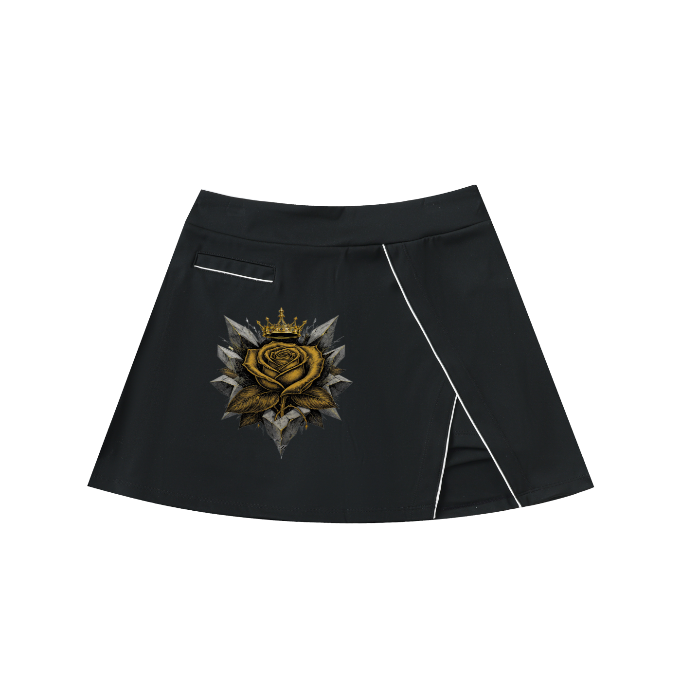 Black high-waist A-line mini skirt with gold rose emblem graphic on front