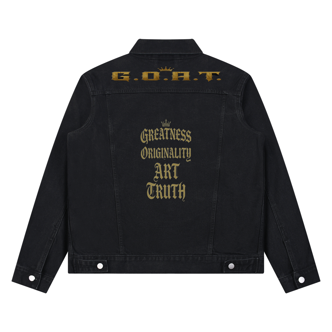 Black denim jacket with gold back lettering and silver snap-button closure