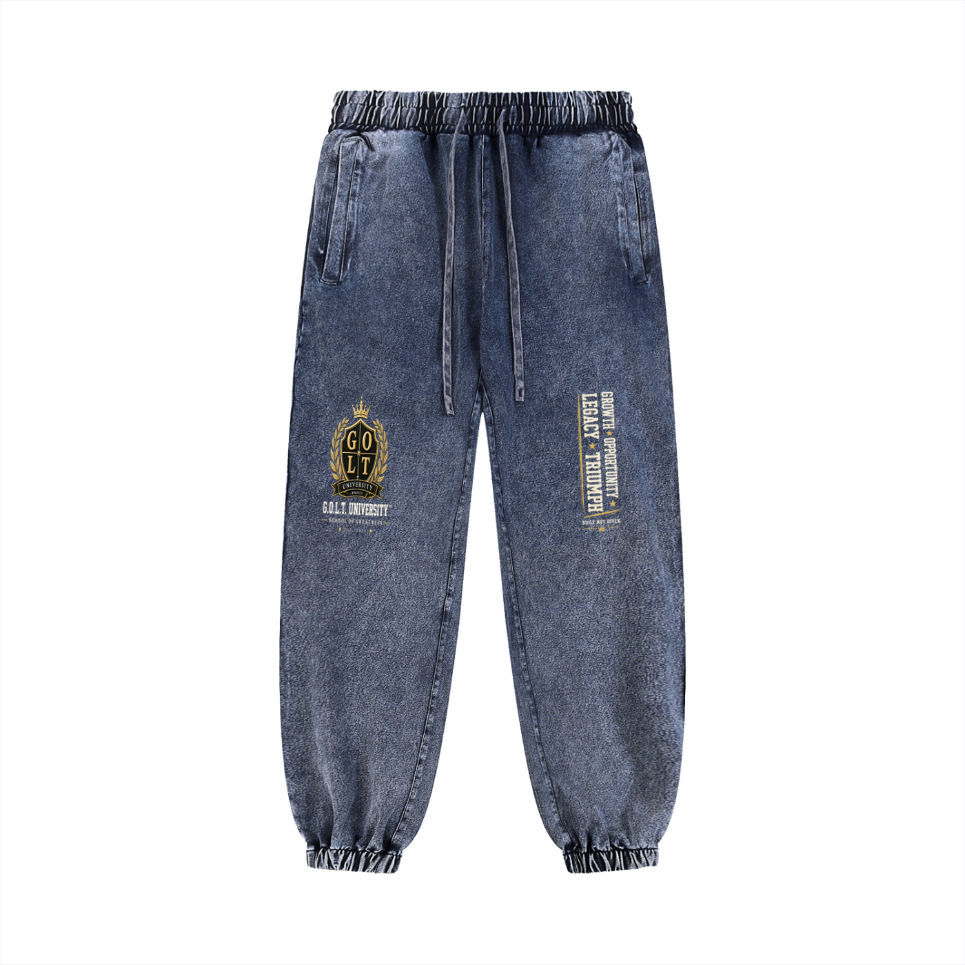 Medium blue snow-wash heavyweight joggers with gold crest patch and side text label