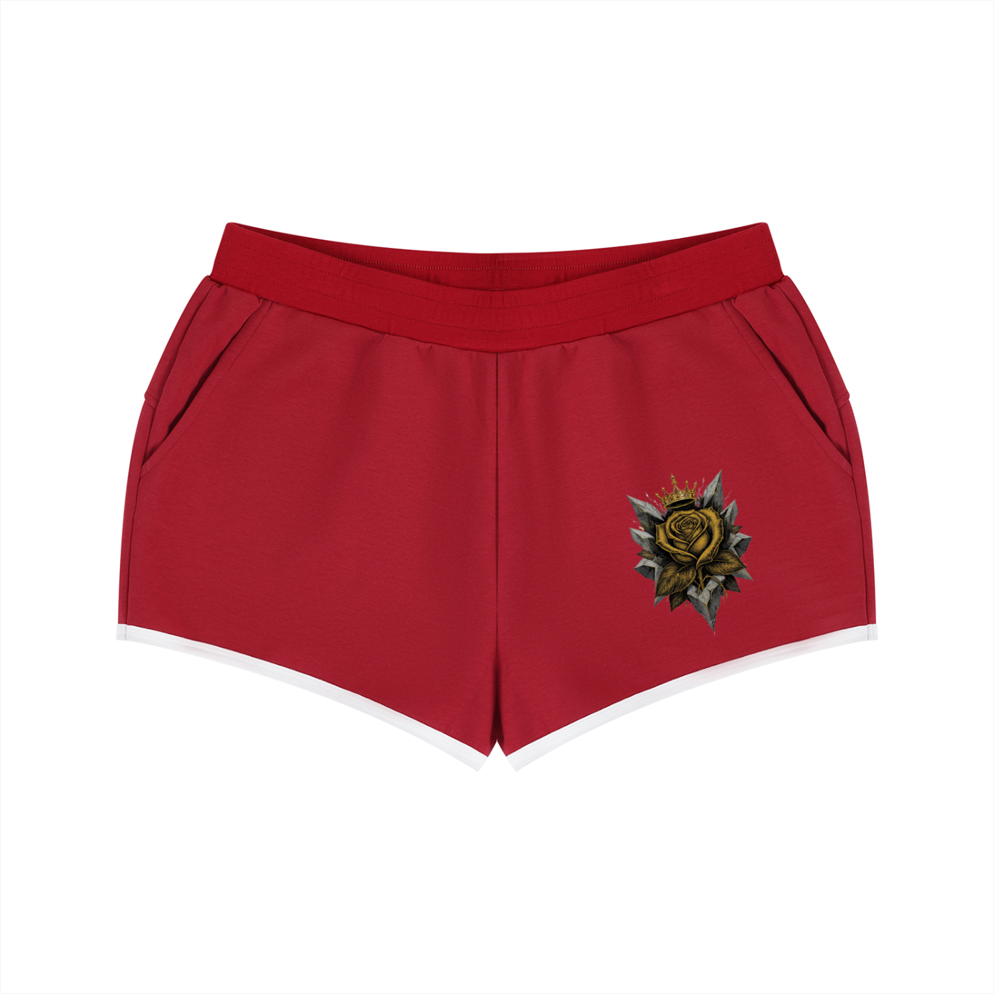 Red women’s retro shorts with a rose emblem on the front