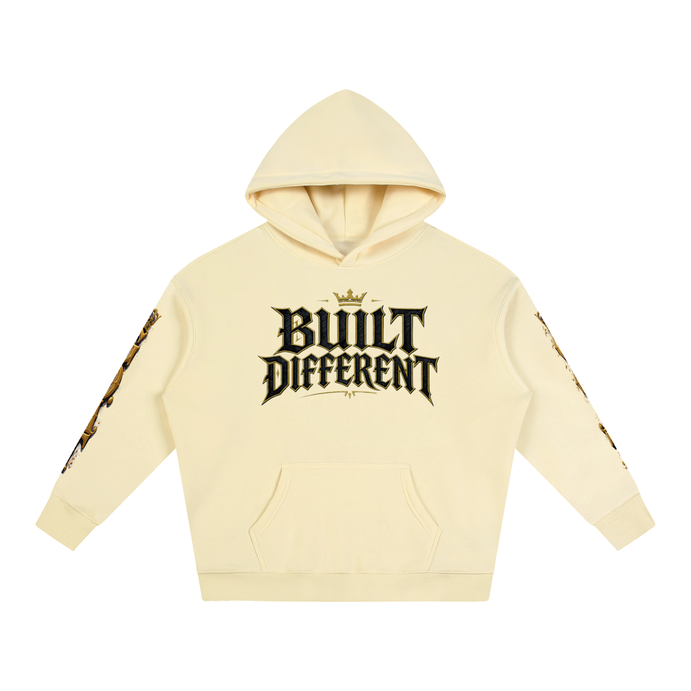 Oversized fleece hoodie, cream, front print, hood and kangaroo pocket