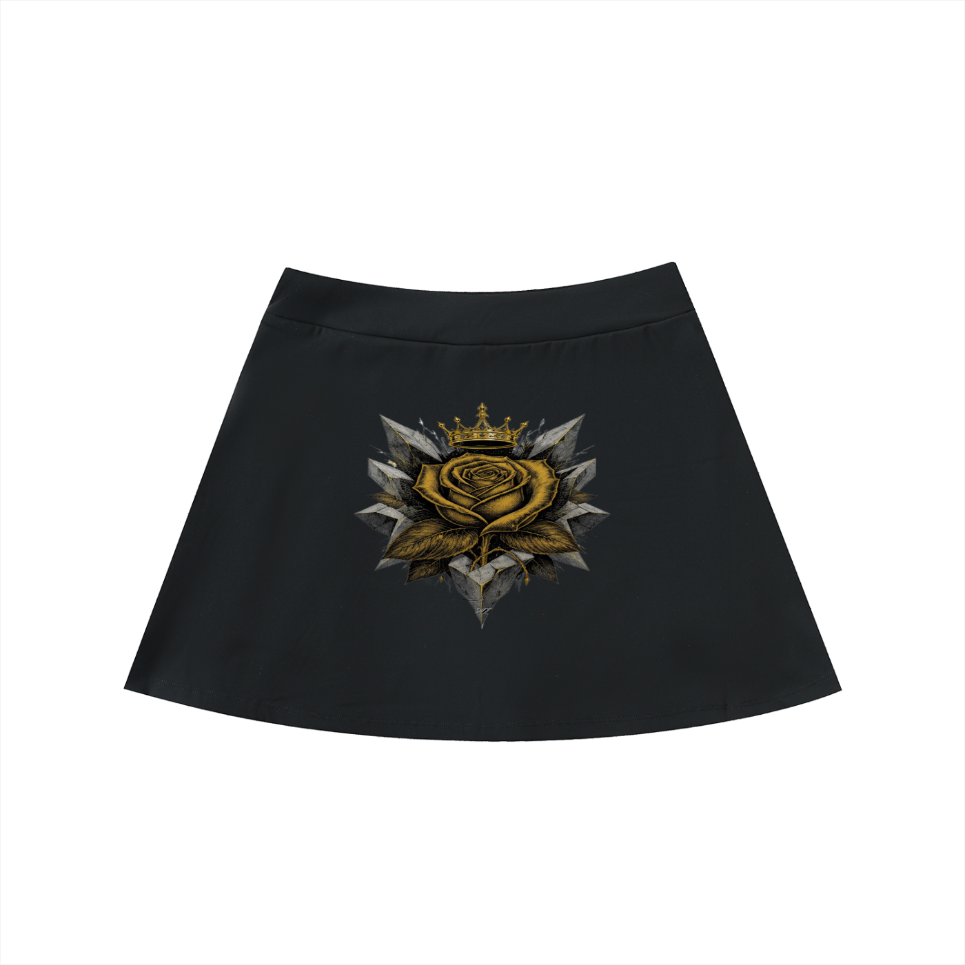 Black high-waist A-line mini skirt with centered gold rose emblem graphic