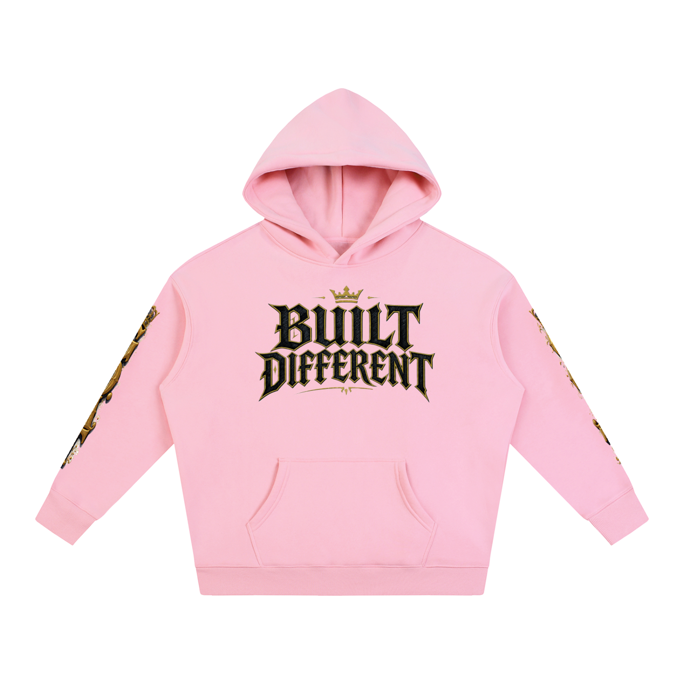 Light pink oversized fleece hoodie, front text "Built Different" with kangaroo pocket