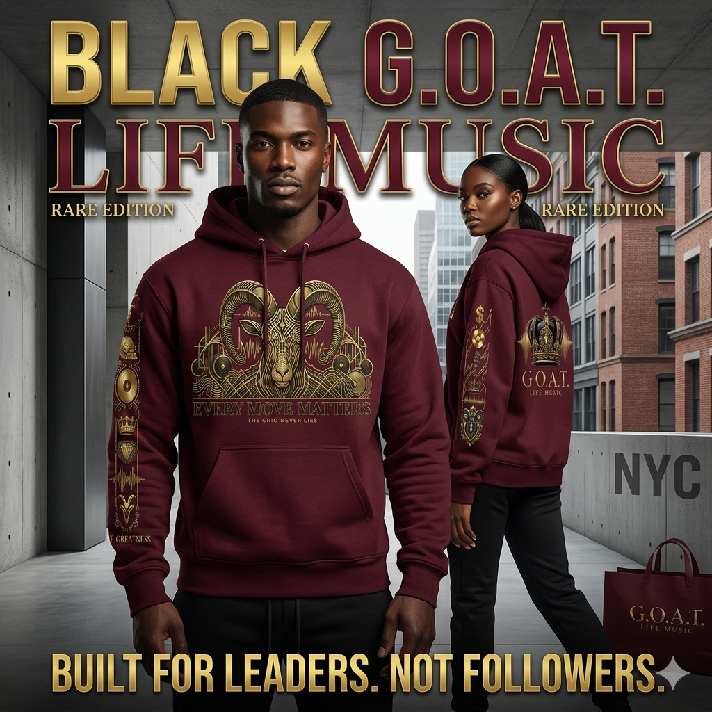 Pair of G.O.A.T. hoodies: maroon and black, both with gold front ram artwork
