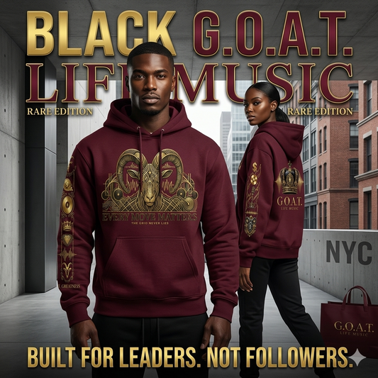 Pair of G.O.A.T. hoodies: maroon and black, both with gold front ram artwork