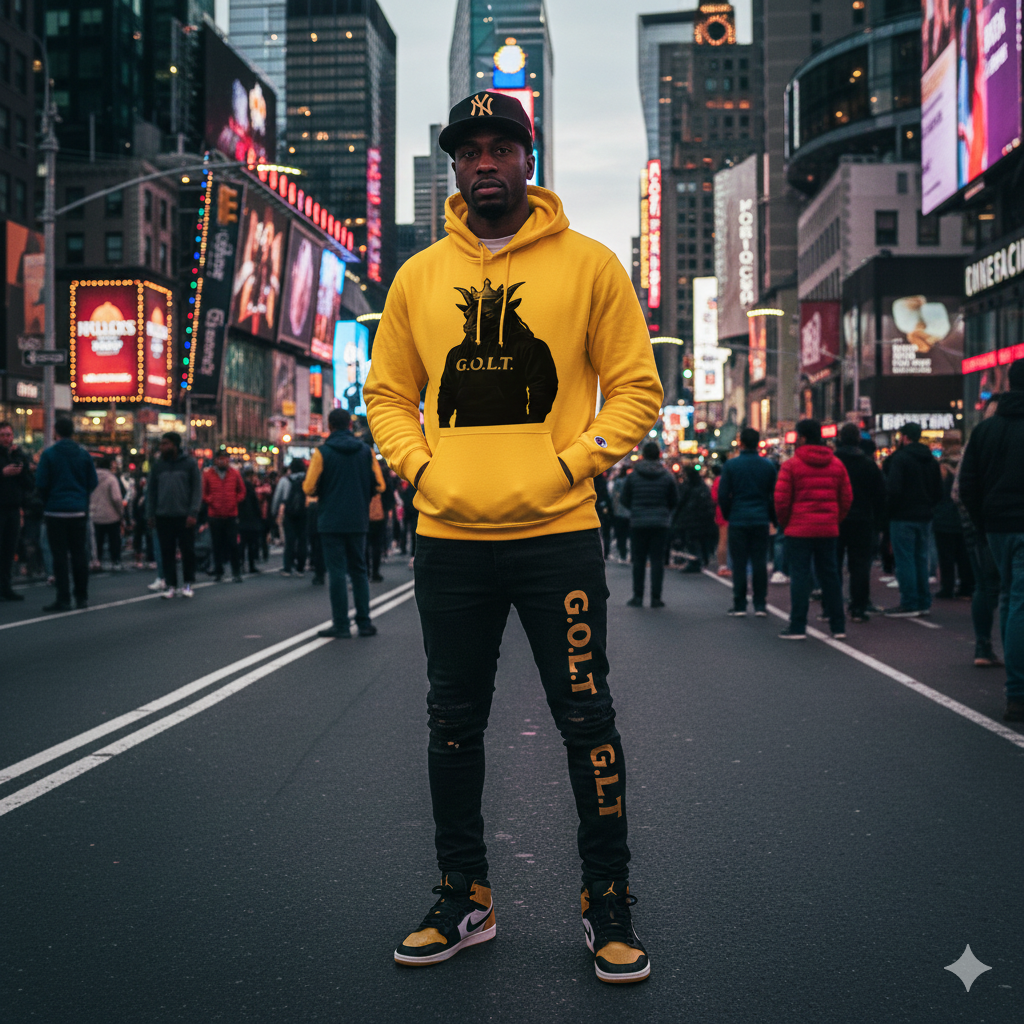 Yellow hoodie with front graphic print, worn by model