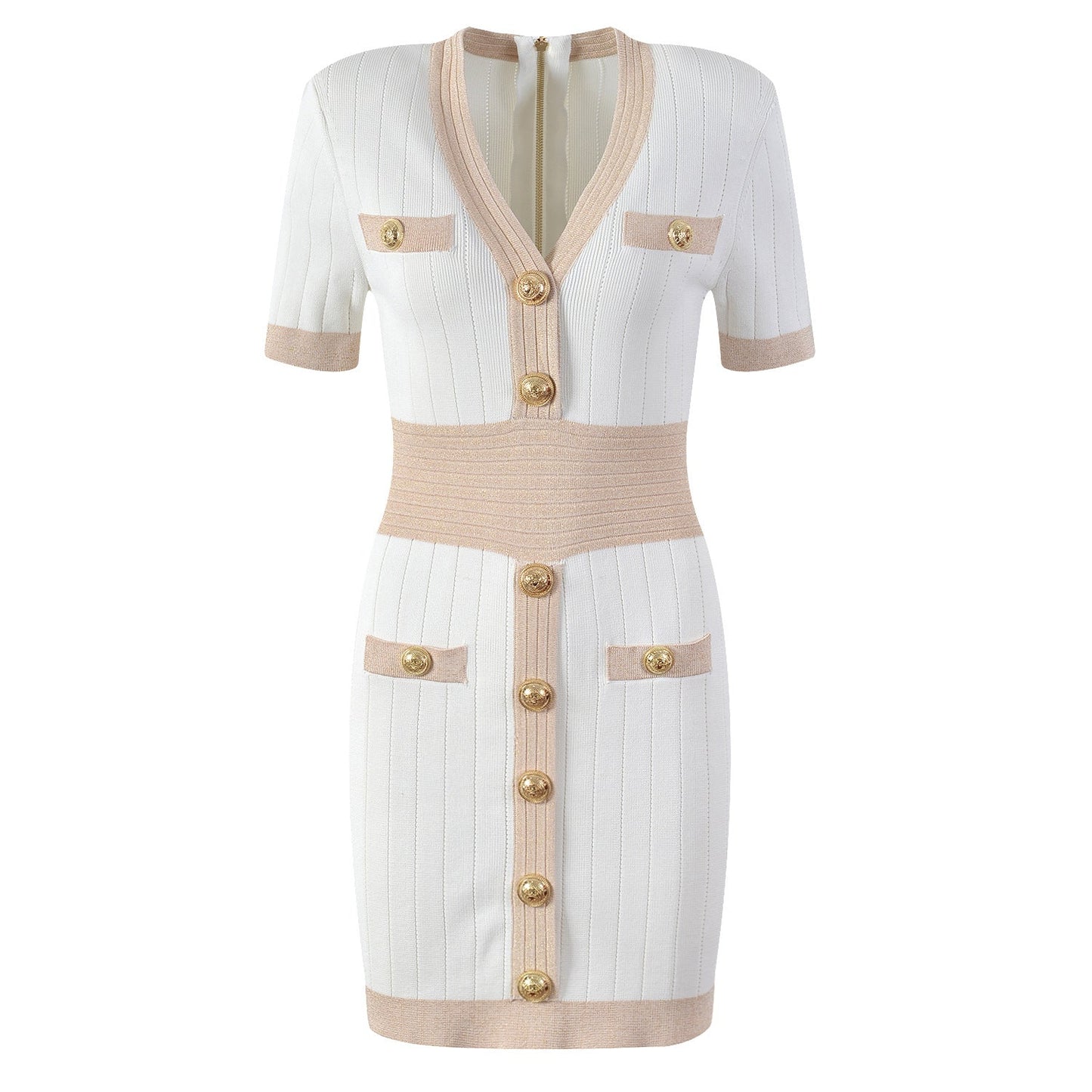G.O.L.T. -Ice Silk Knit Dress with Gold Buckle For Women, V-Neck,