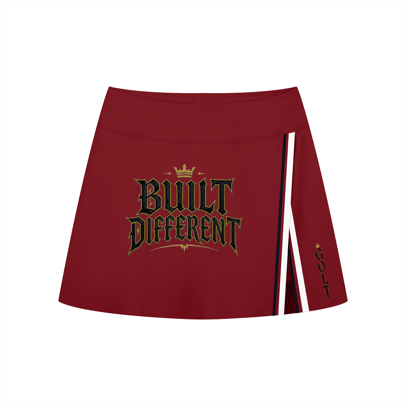 Wine red mini slit skirt with contrast stripe panel and logo graphic