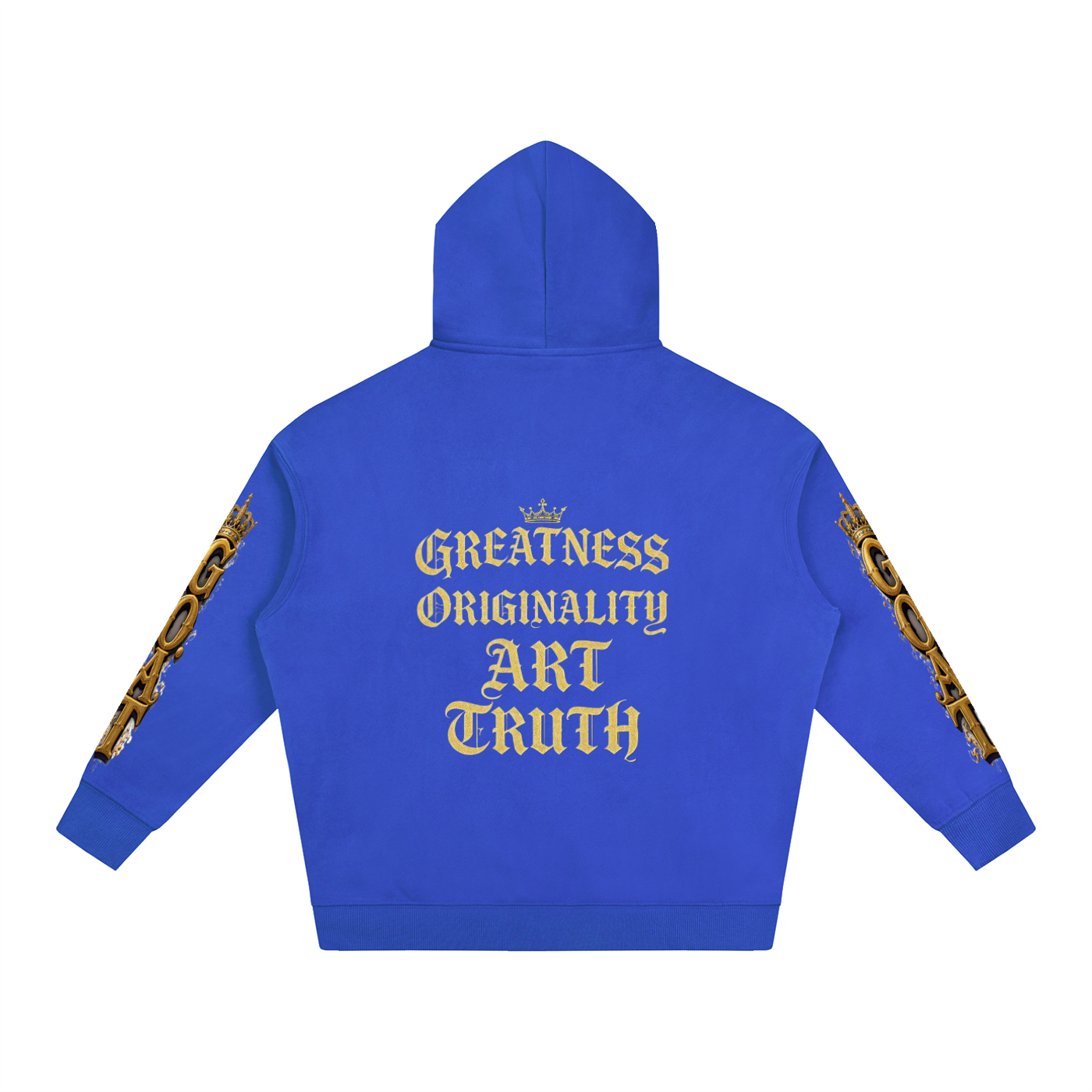 Royal blue oversized fleece hoodie, back print: Greatness Originality Art Truth
