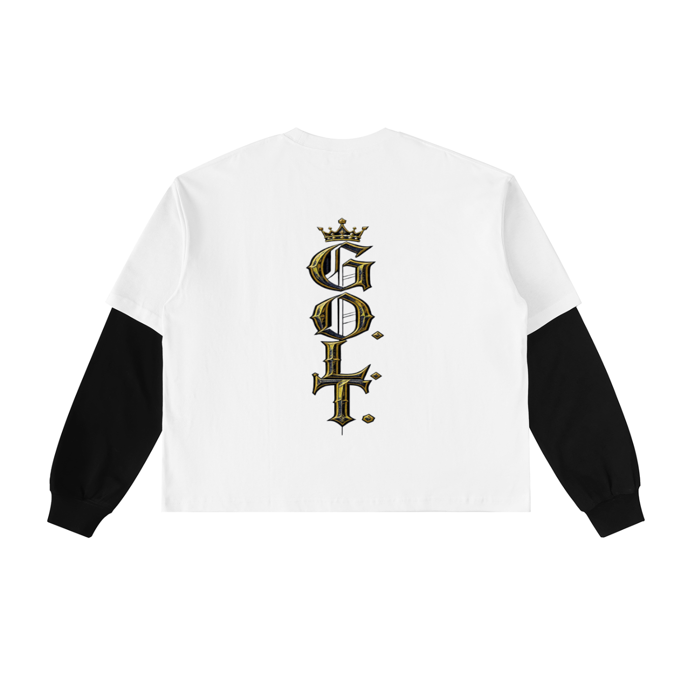 White long-sleeve tee with black sleeves and vertical gold logo letters on chest