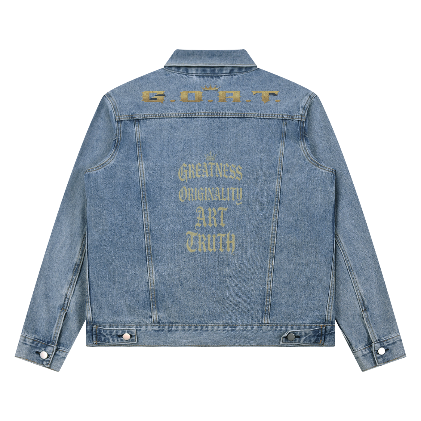 Light blue denim jacket with gold back lettering and button cuffs