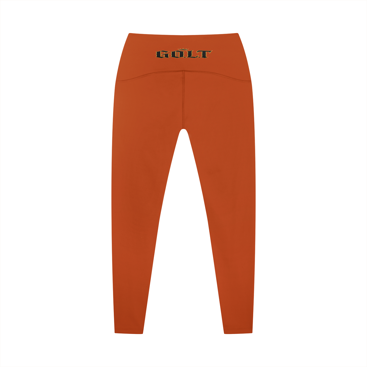 Orange high-waisted ankle yoga leggings with G.O.L.T. waistband logo