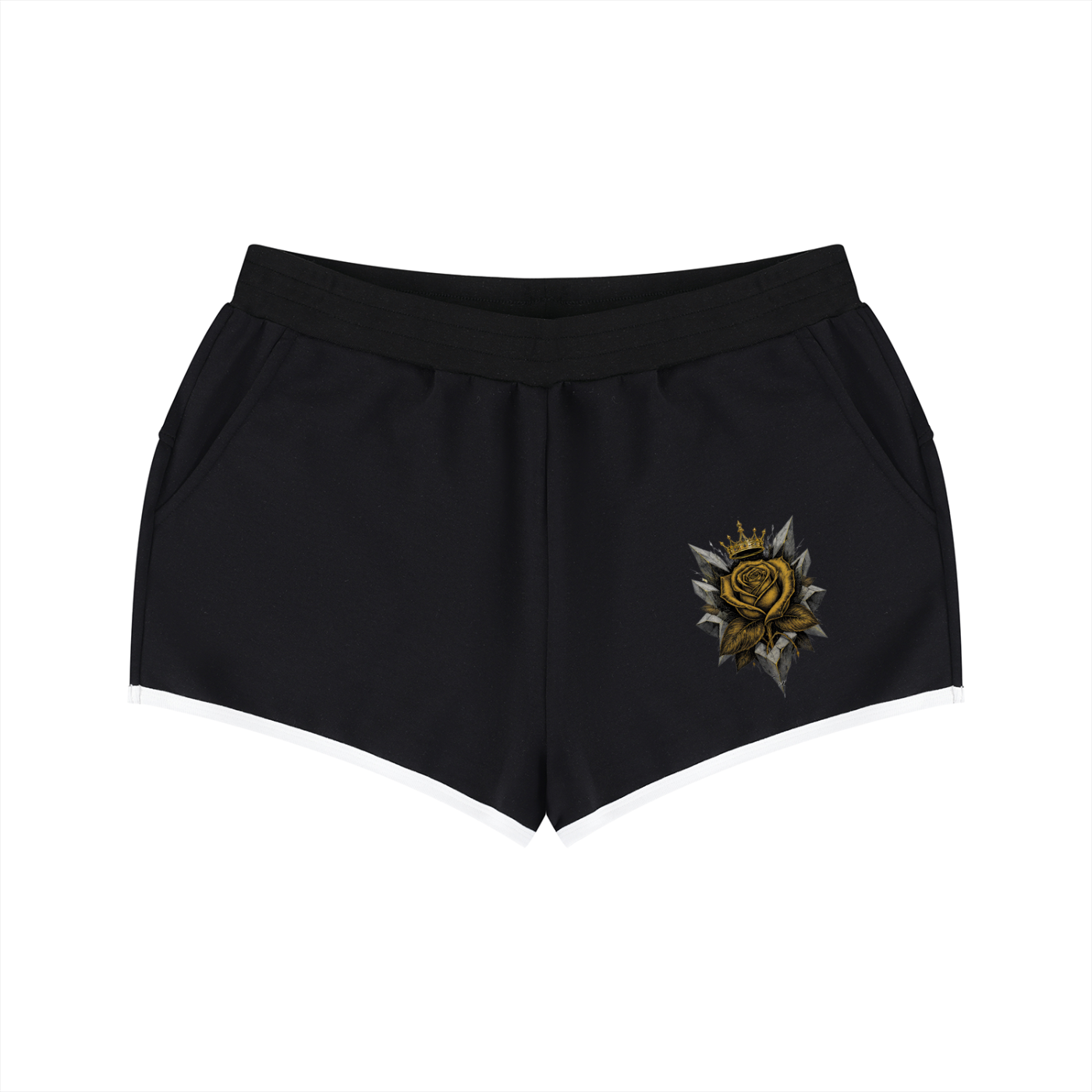 Black women’s retro shorts with a rose emblem on the front