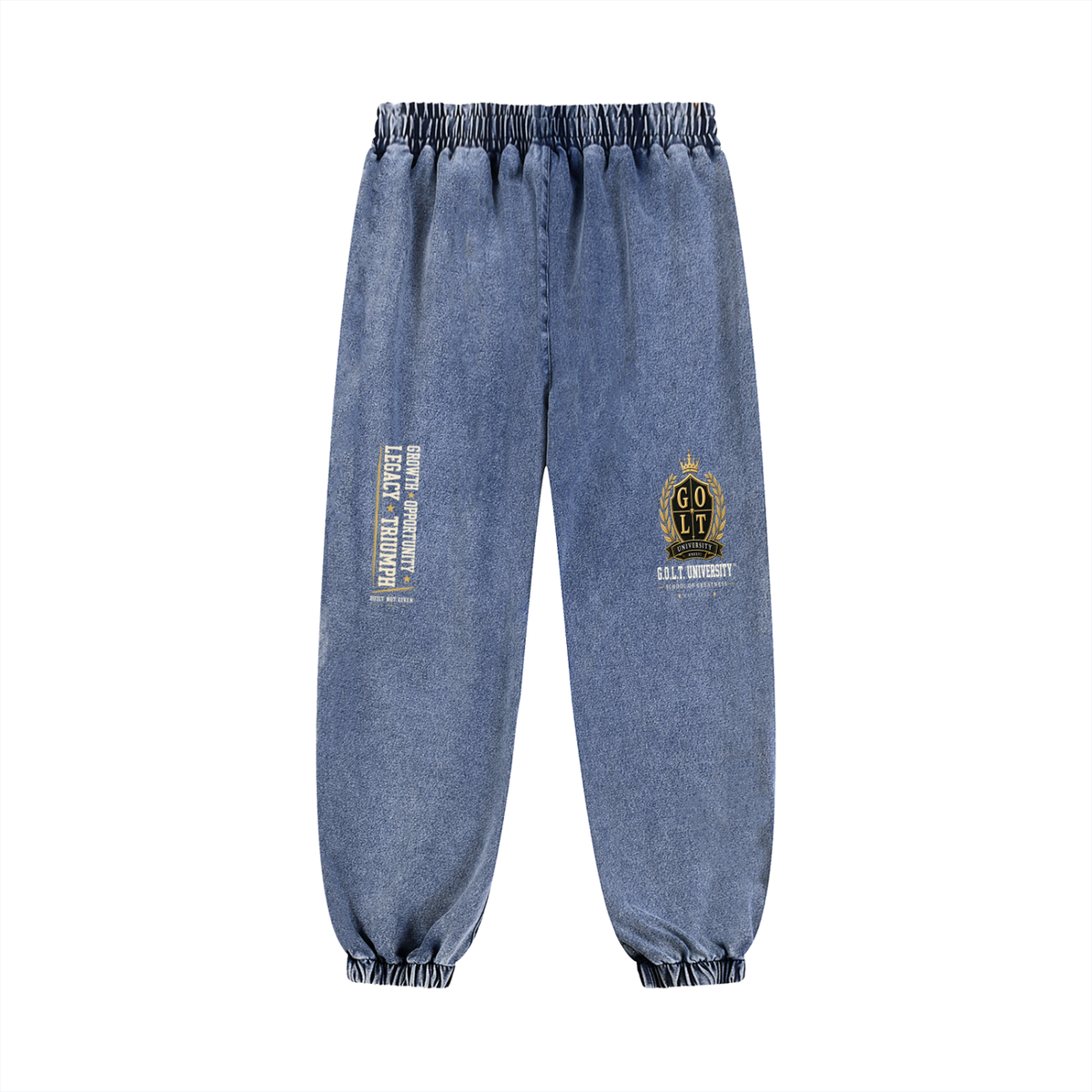 Light blue snow-wash heavyweight joggers with gold crest graphic and vertical text label