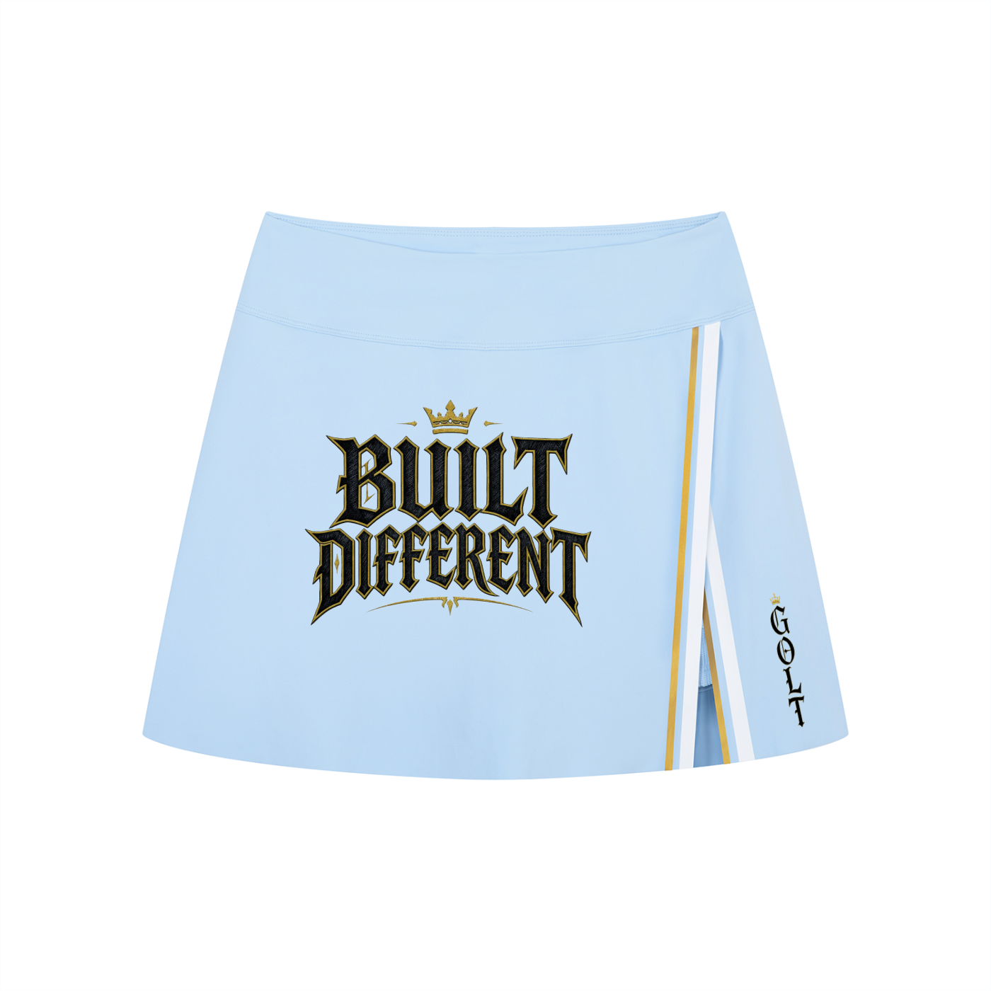 Light blue mini slit skirt with yellow contrast stripe panel and logo graphic