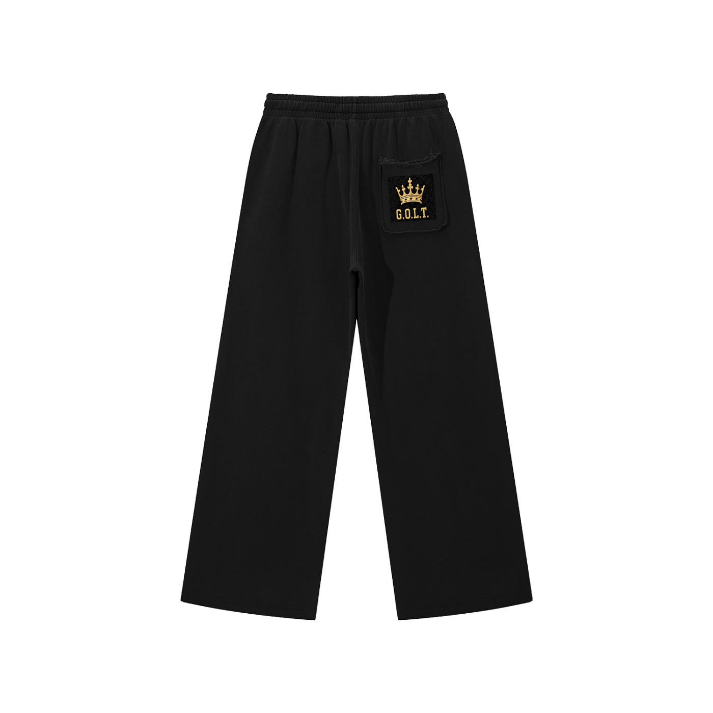 Black raw-edge sweatpants with elastic waistband and small G.O.L.T. pocket logo
