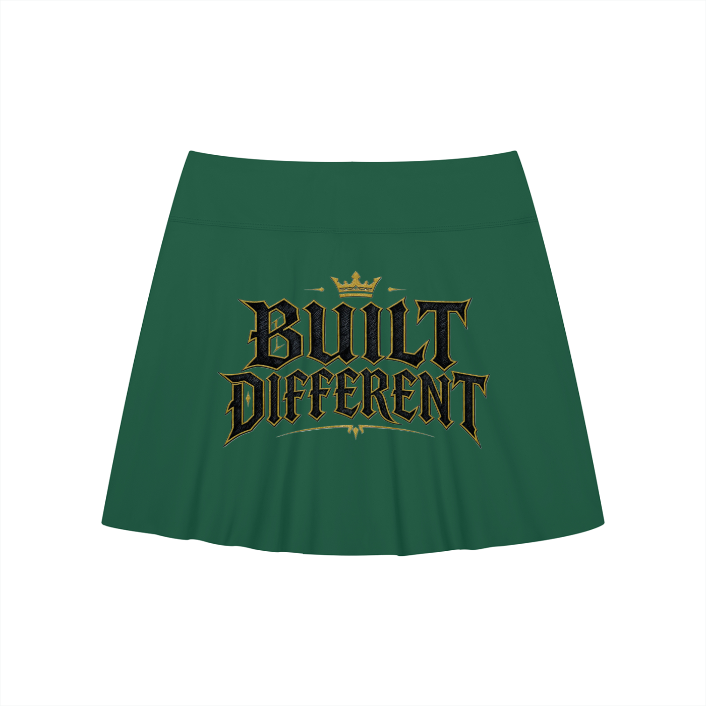 Dark green mini A-line skirt with wide waistband and flared hem