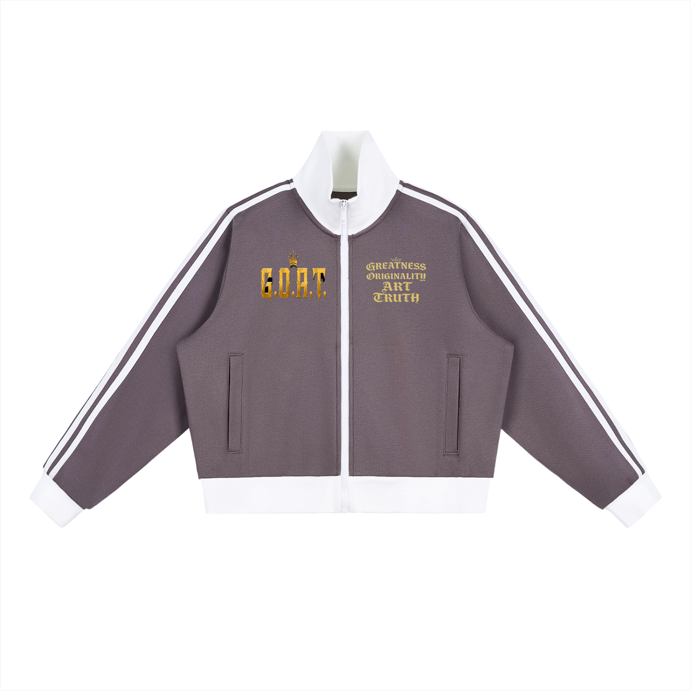 Cropped fleece track jacket in dark gray with white contrast stripe sleeves and zip front