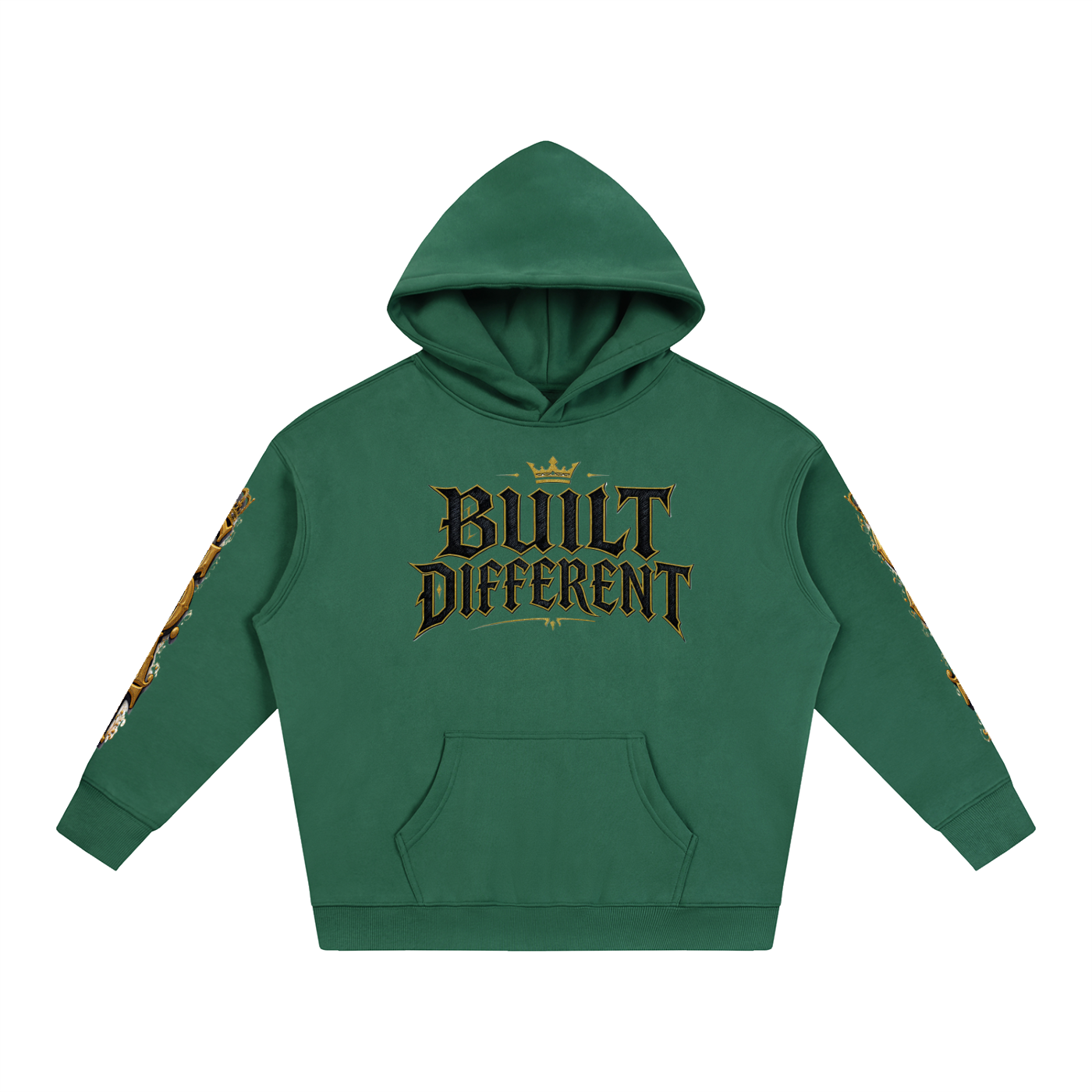 Green oversized fleece hoodie, front “Built Different” logo, hood and kangaroo pocket