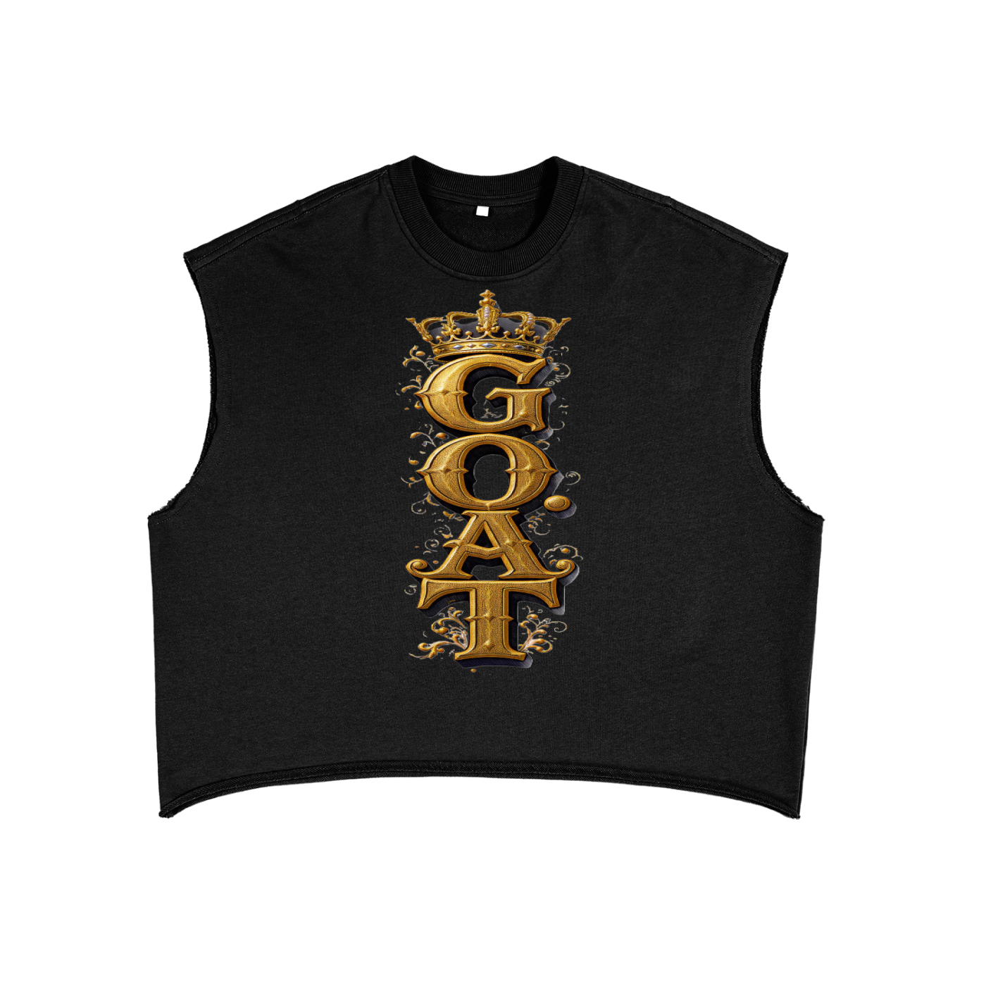 Black French terry boxy tank top with gold vertical G.O.A.T emblem graphic