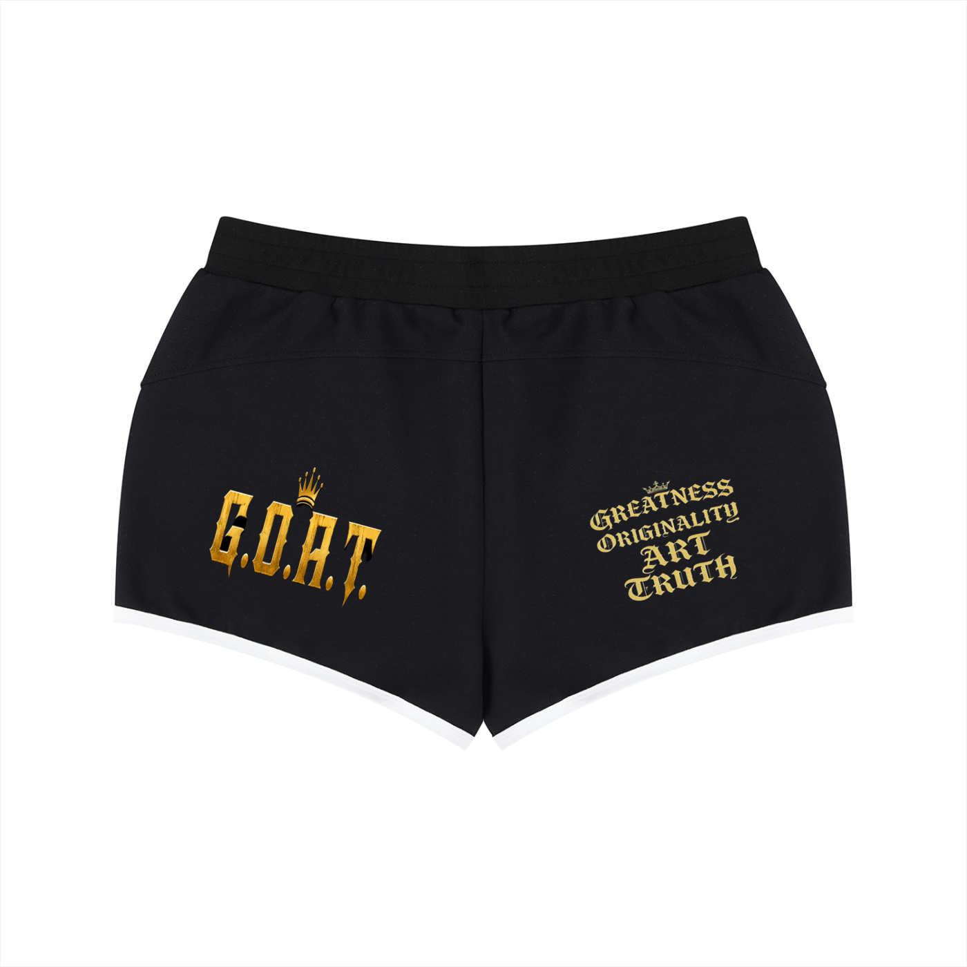 Black women’s retro shorts with G.O.A.T and “Greatness Original Art Truth” embroidery