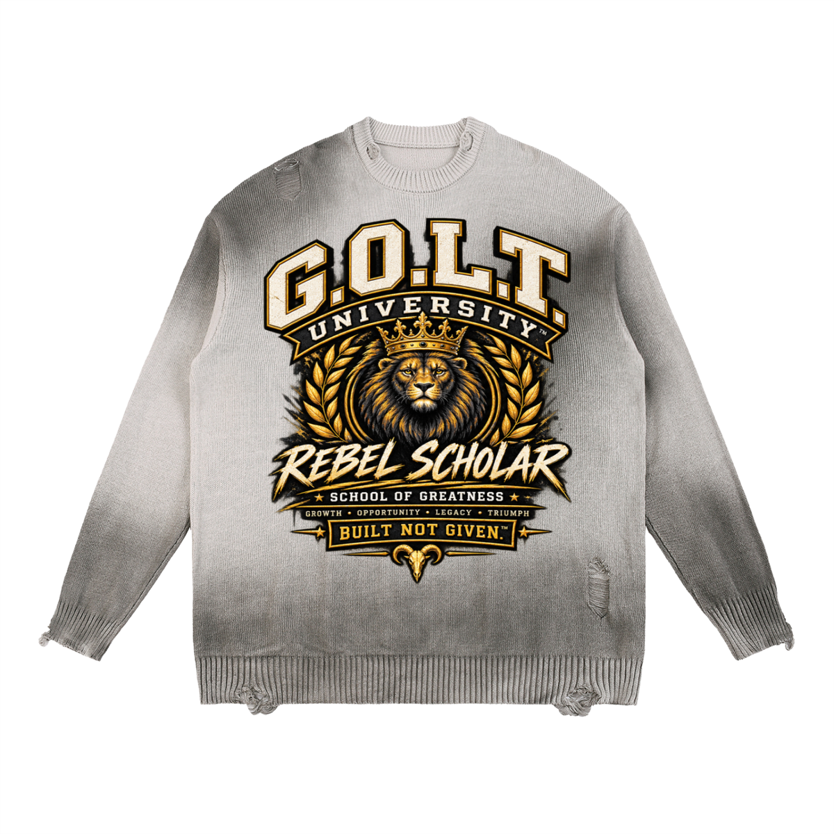 Light gray distressed crewneck sweatshirt with front G.O.L.T lion emblem graphic