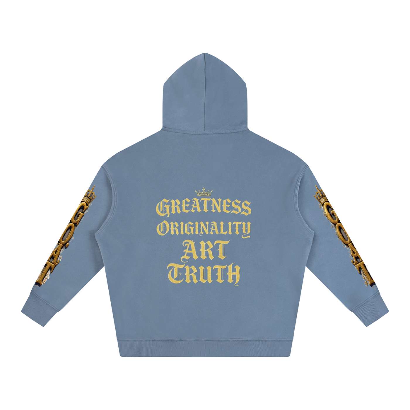 Denim blue oversized fleece hoodie, back text "Greatness Originality Art Truth"