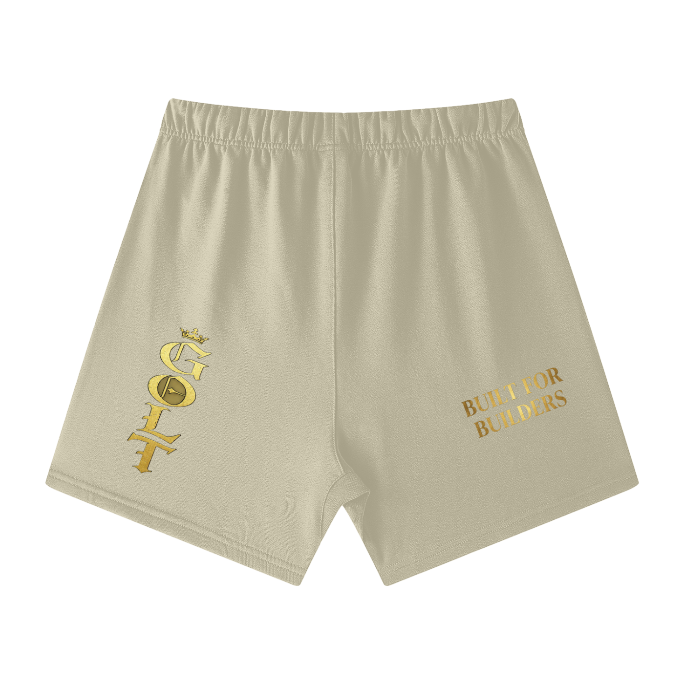 Unisex light cream cotton shorts with elastic waistband and gold “Build for Builders”