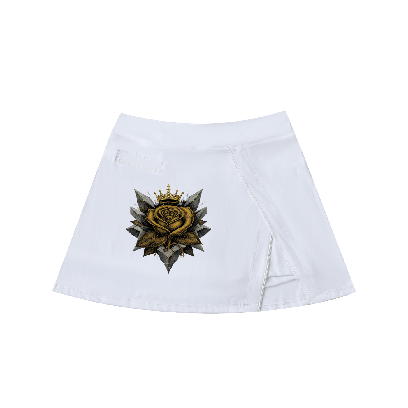 White high-waist A-line mini skirt with gold rose emblem graphic on front