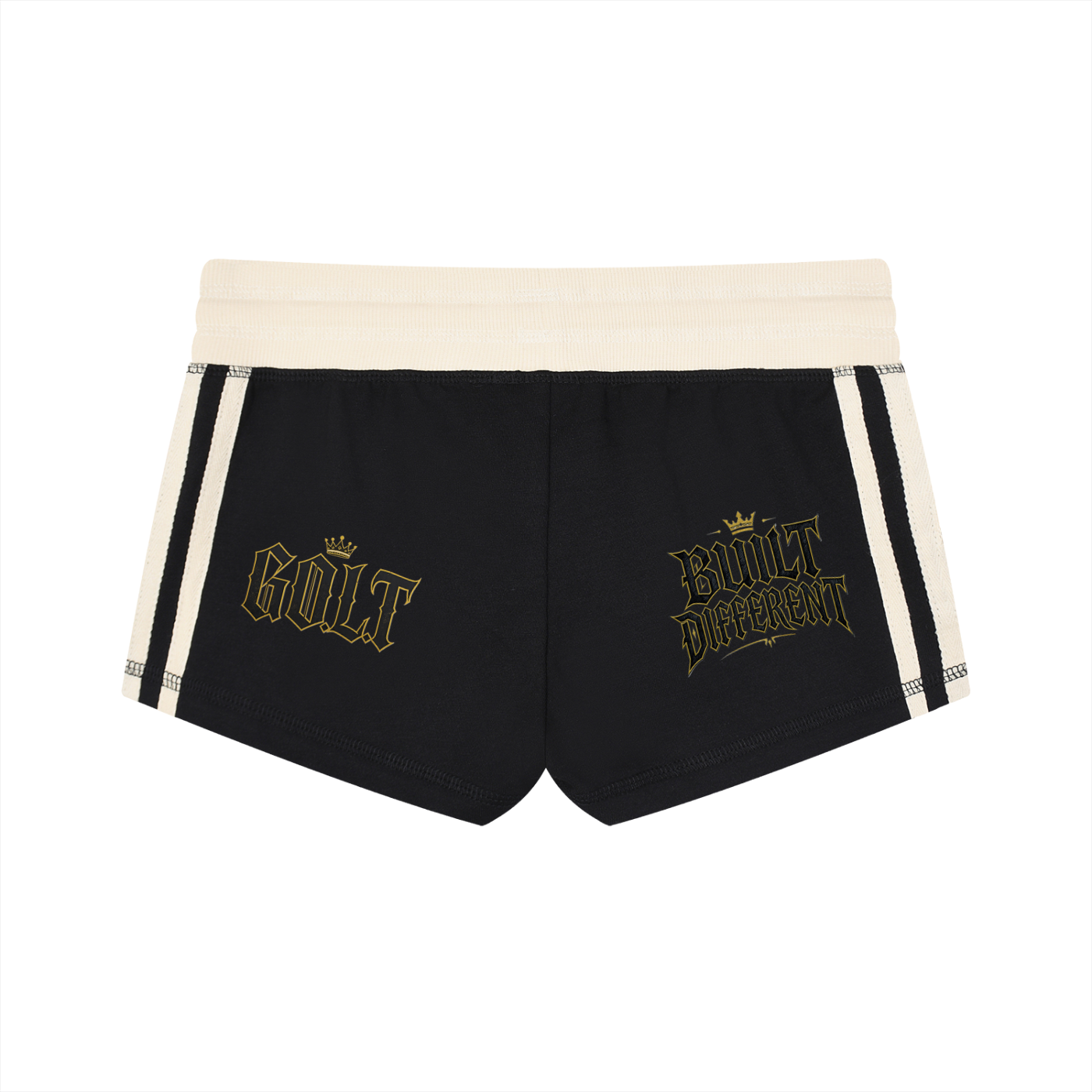 Women’s running track shorts in black with white contrast stripes and gold logo prints