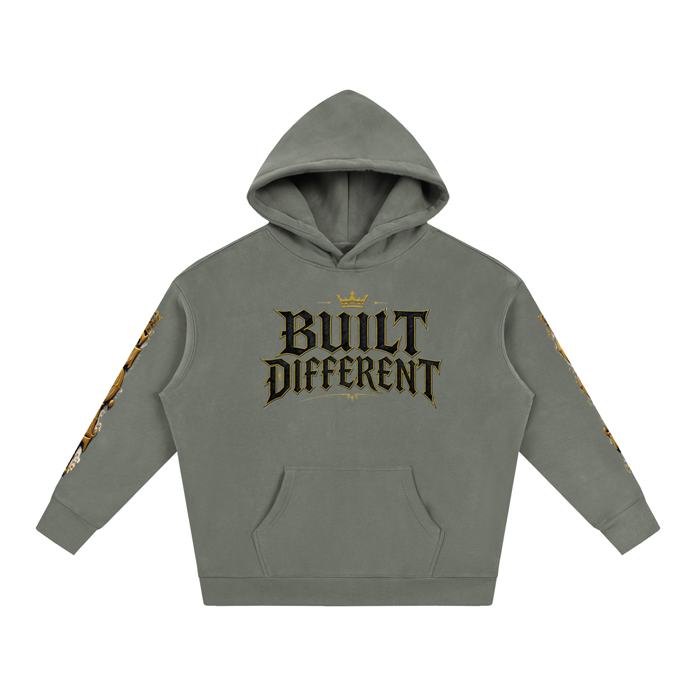 Gray oversized fleece hoodie, front logo: Built Different, hood and kangaroo pocket