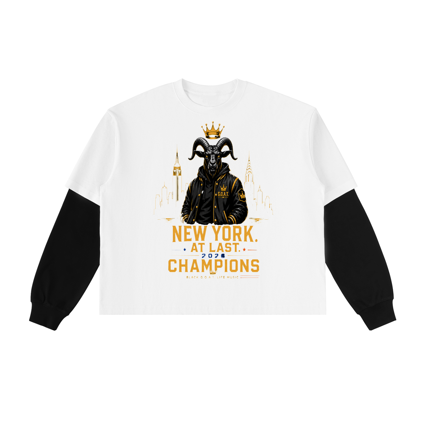 White long sleeve tee with black sleeves, New York At Last 2026 Champions print