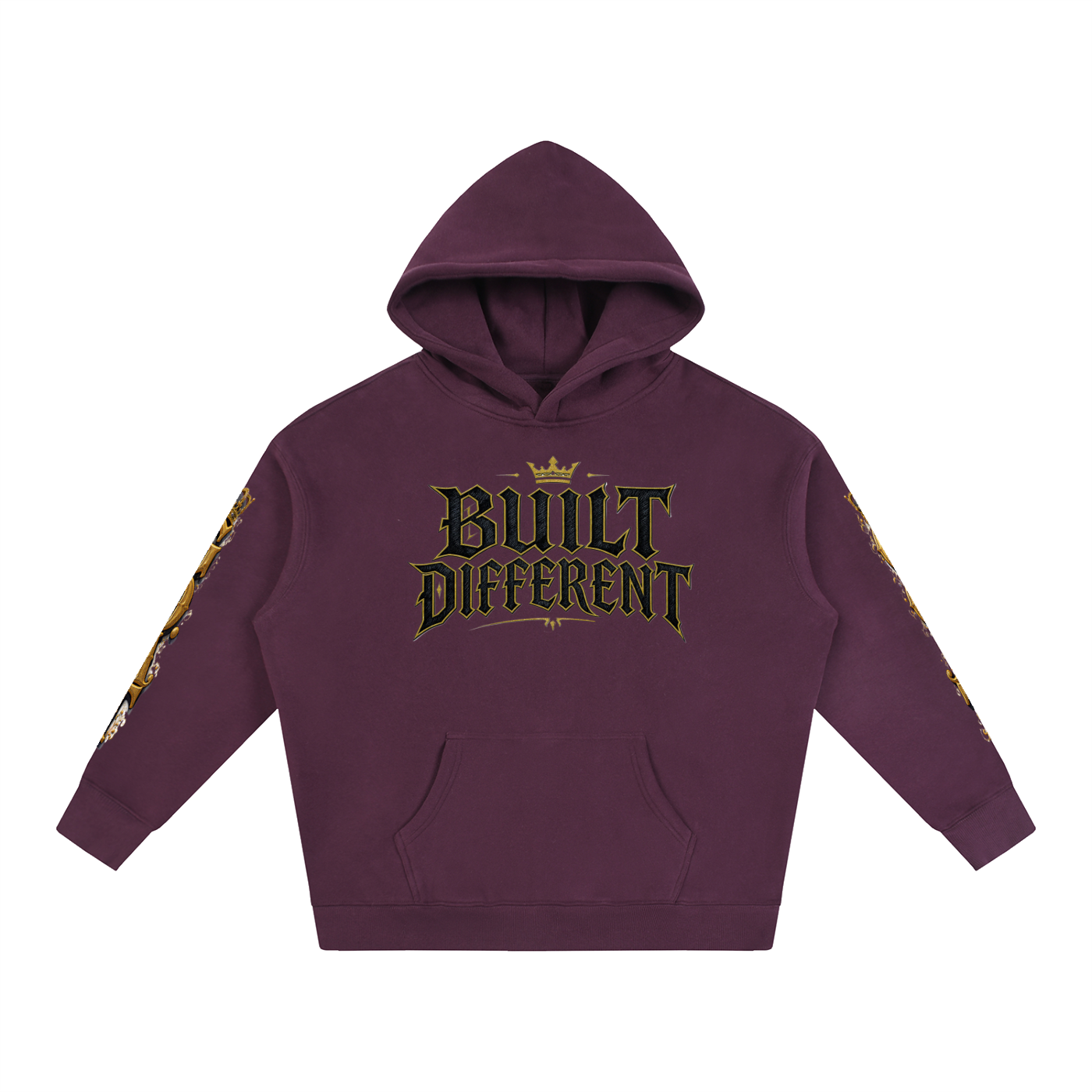 Plum oversized fleece hoodie, front text "Built Different" with kangaroo pocket