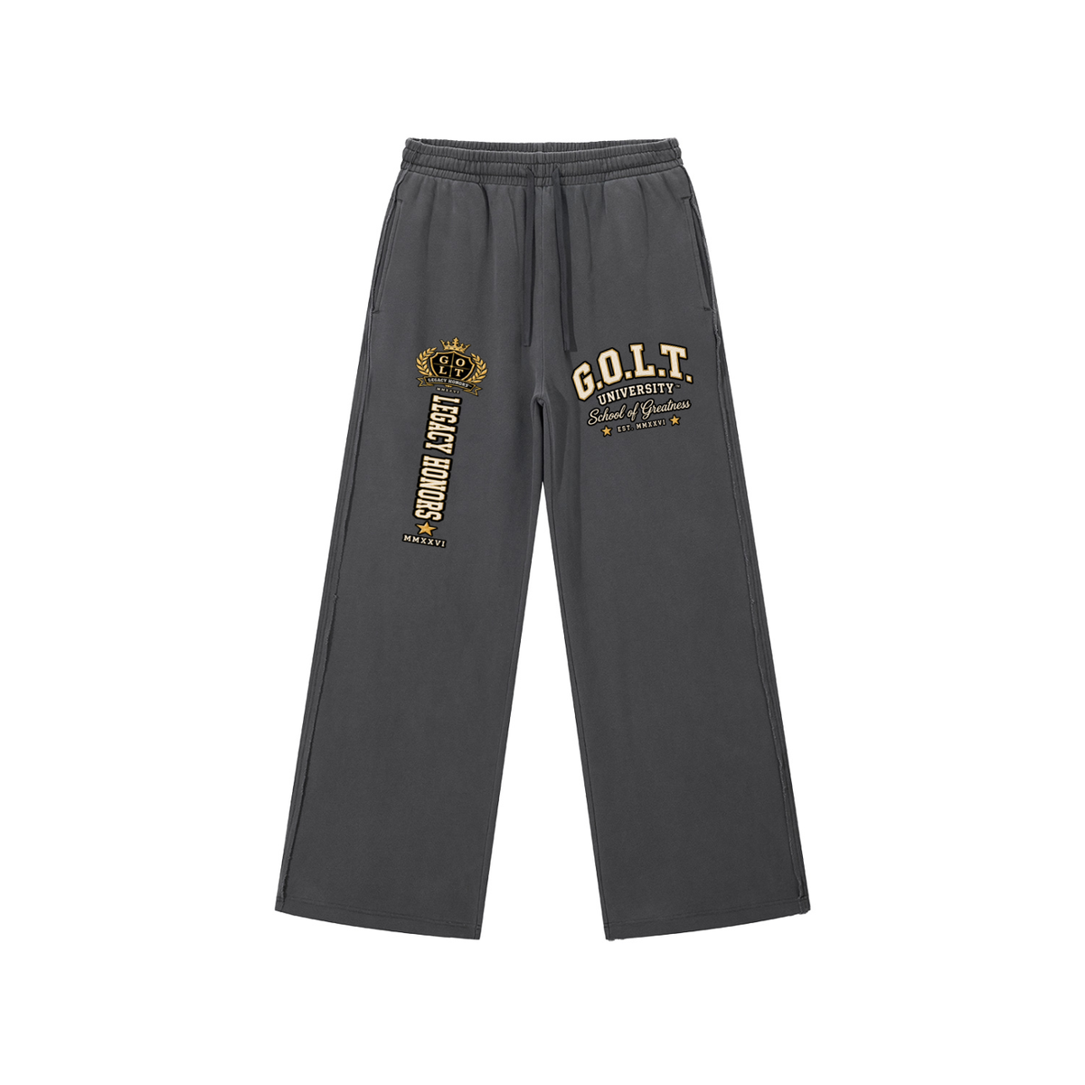 Dark gray raw-edge sweatpants with elastic waistband and gold G.O.L.T. graphic on leg