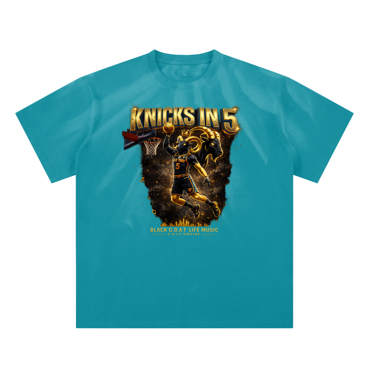 Peacock blue sunfade crewneck T-shirt with Knicks In Five front graphic print.