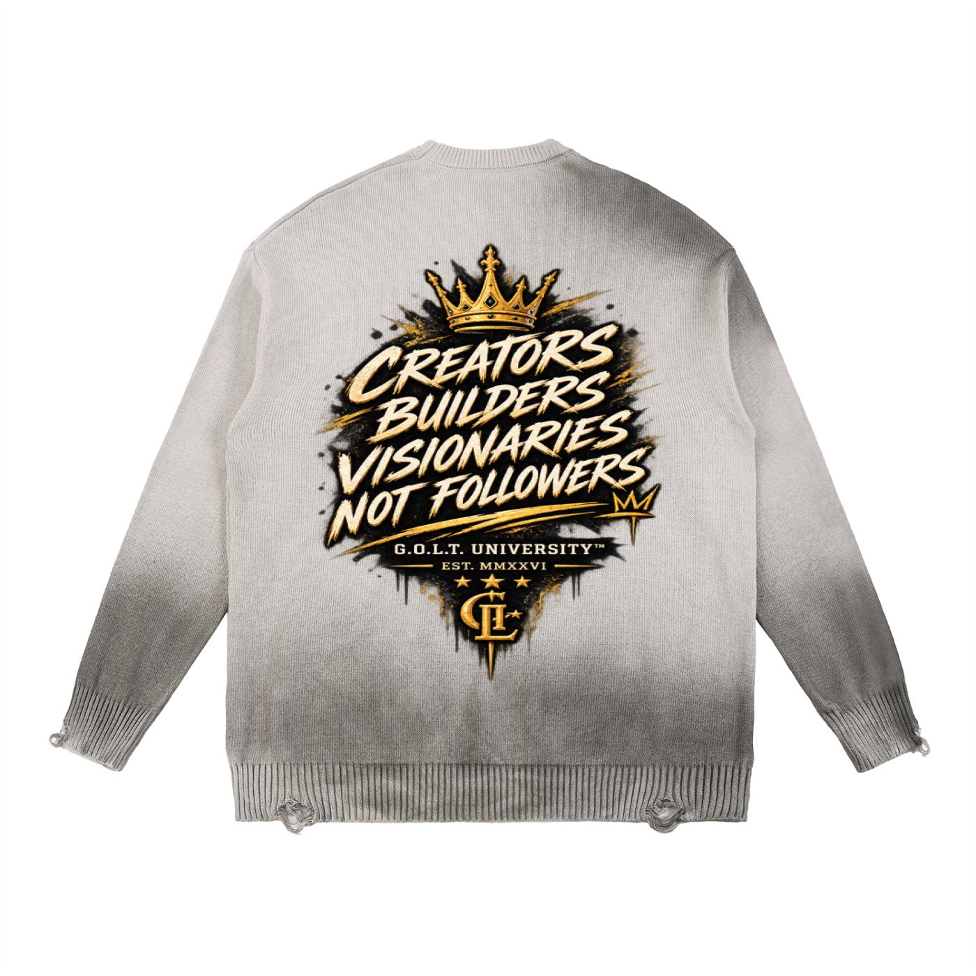 Light gray distressed crewneck sweatshirt with back G.O.L.T slogan graphic