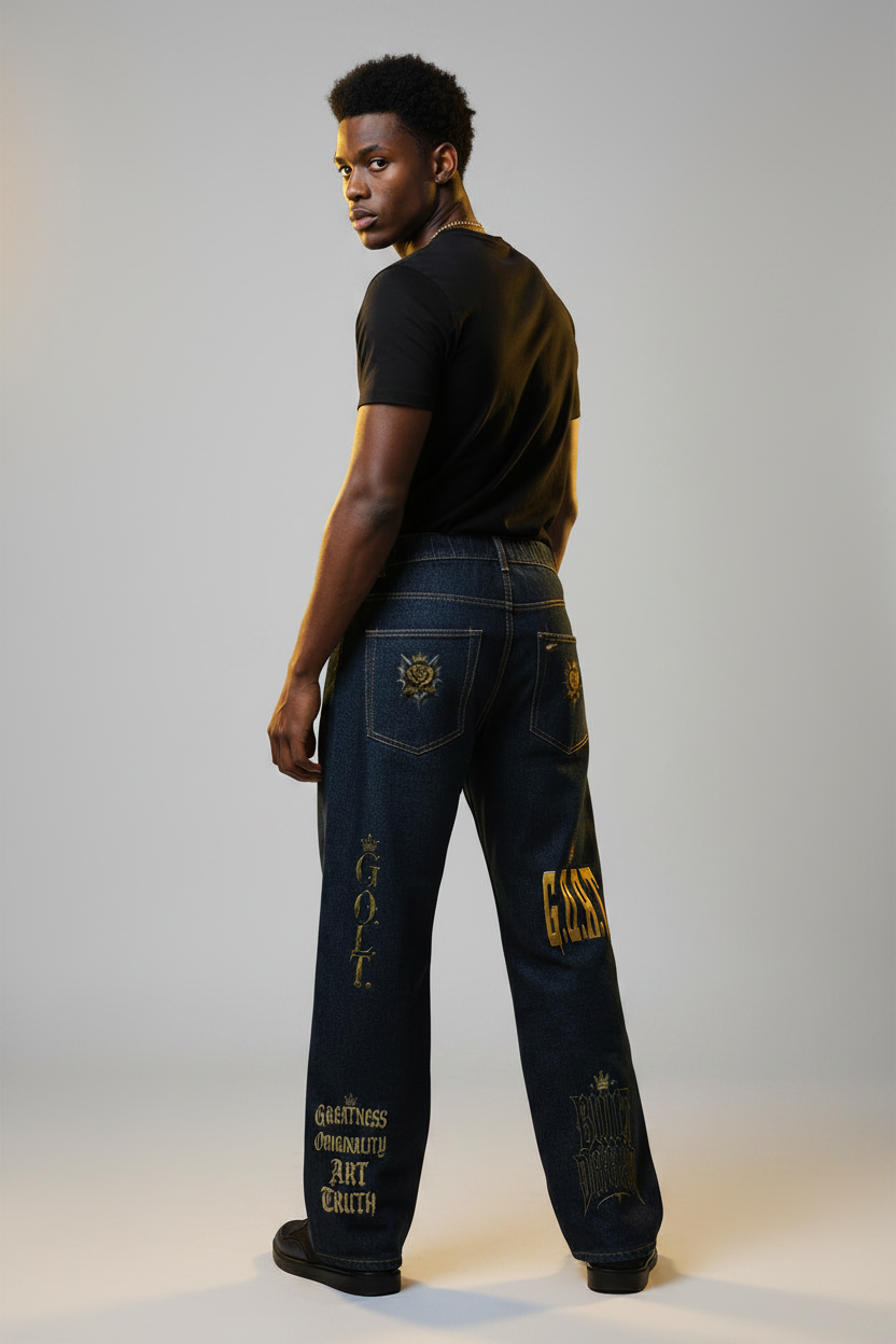 Men's navy barrel-leg jeans with gold text and logo embroidery on the leg, button fly
